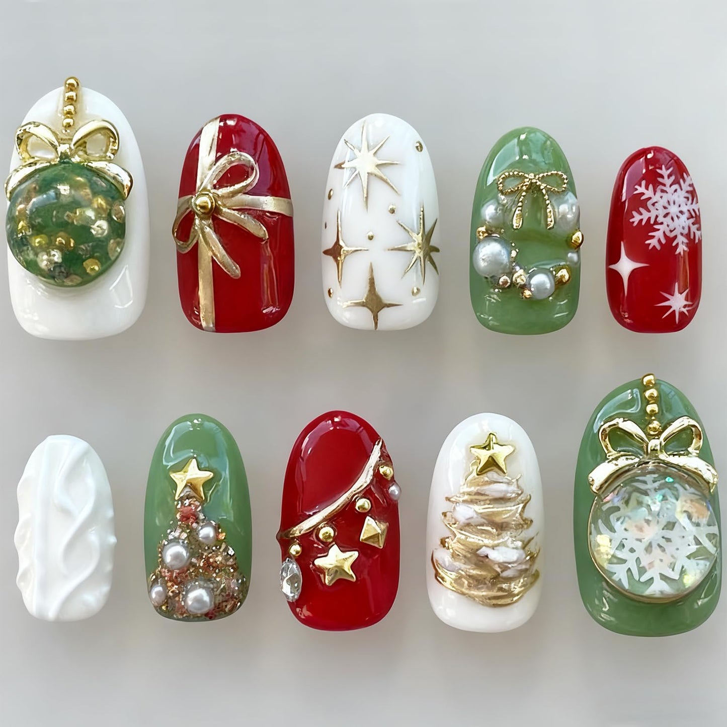 3D Christmas Press-On Nails - Medium Almond Acrylic with Rhinestones | 24 Pcs Winter Snowflake Designs