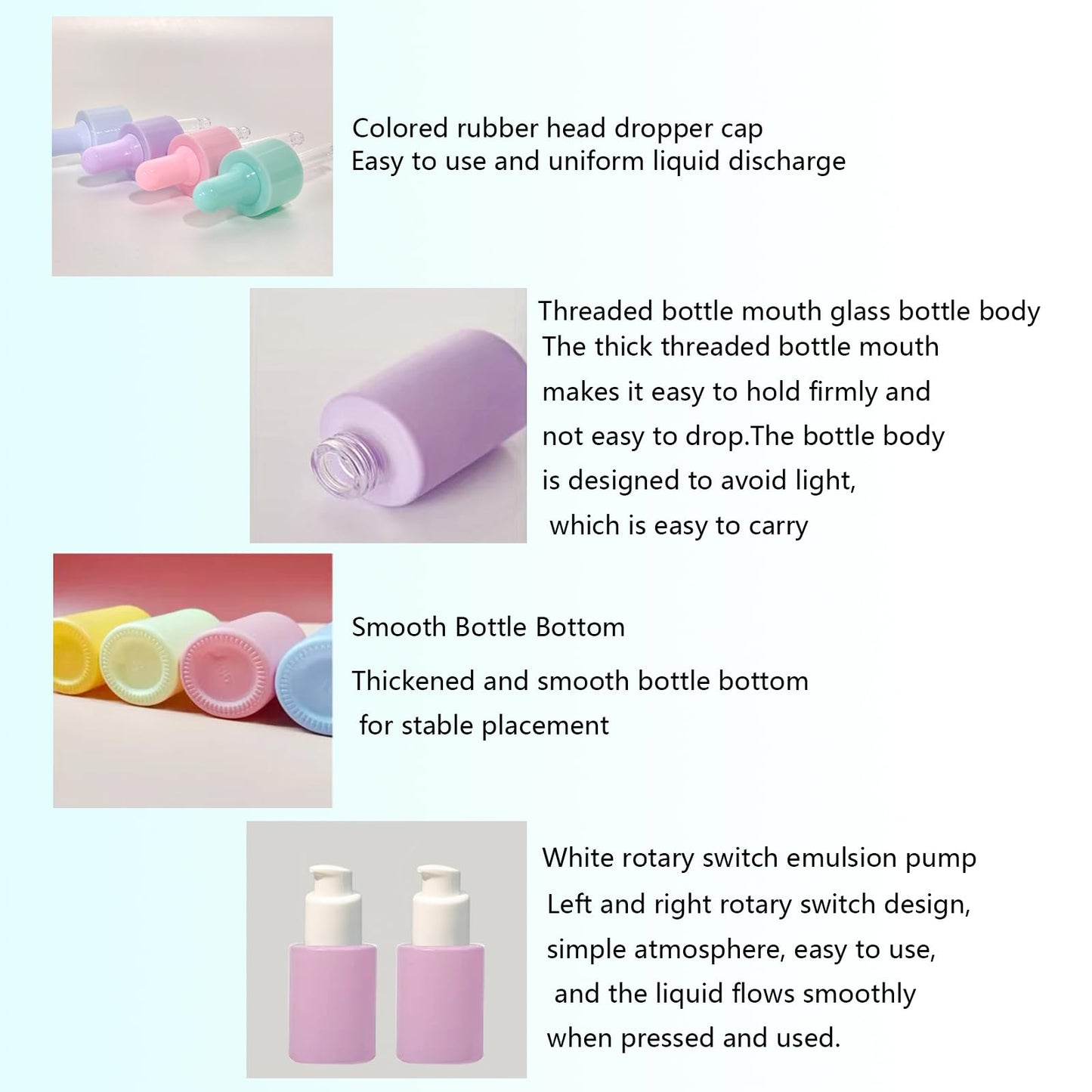 AGENIZ 4 Pack 1oz Glass Dropper Bottle,30ml Eye Dropper Bottle for Essential Oils with 2 Funnels & 2 Lotion Pumps for Perfumes,Lotion,Serum,Tincture Bottles(A-Multicolor)