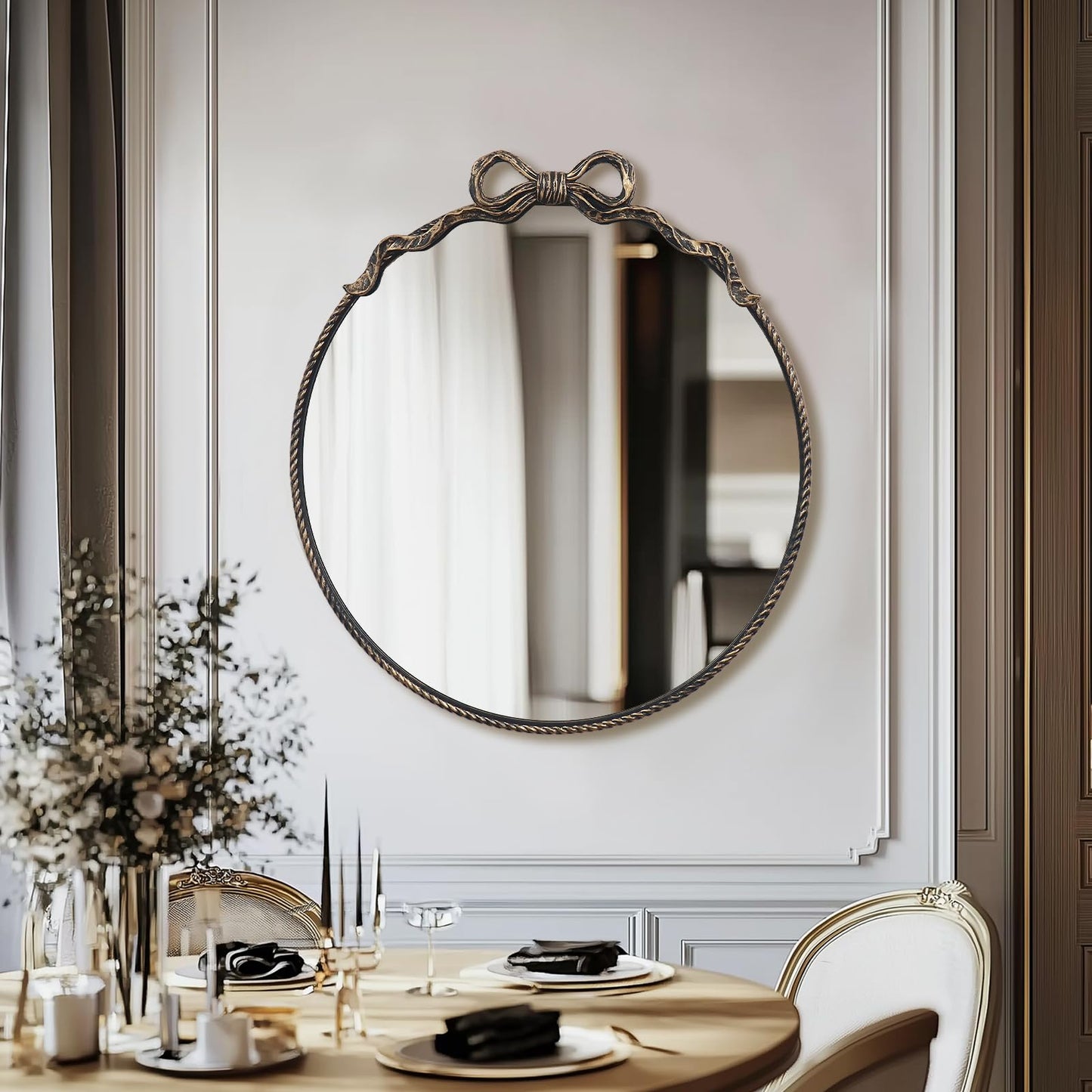 YIDIE Black Bow Metal Round Mirror -28inch Elegant Wall-Mounted Vanity Decorative Mirror for Bedroom, Bathroom, Living Room