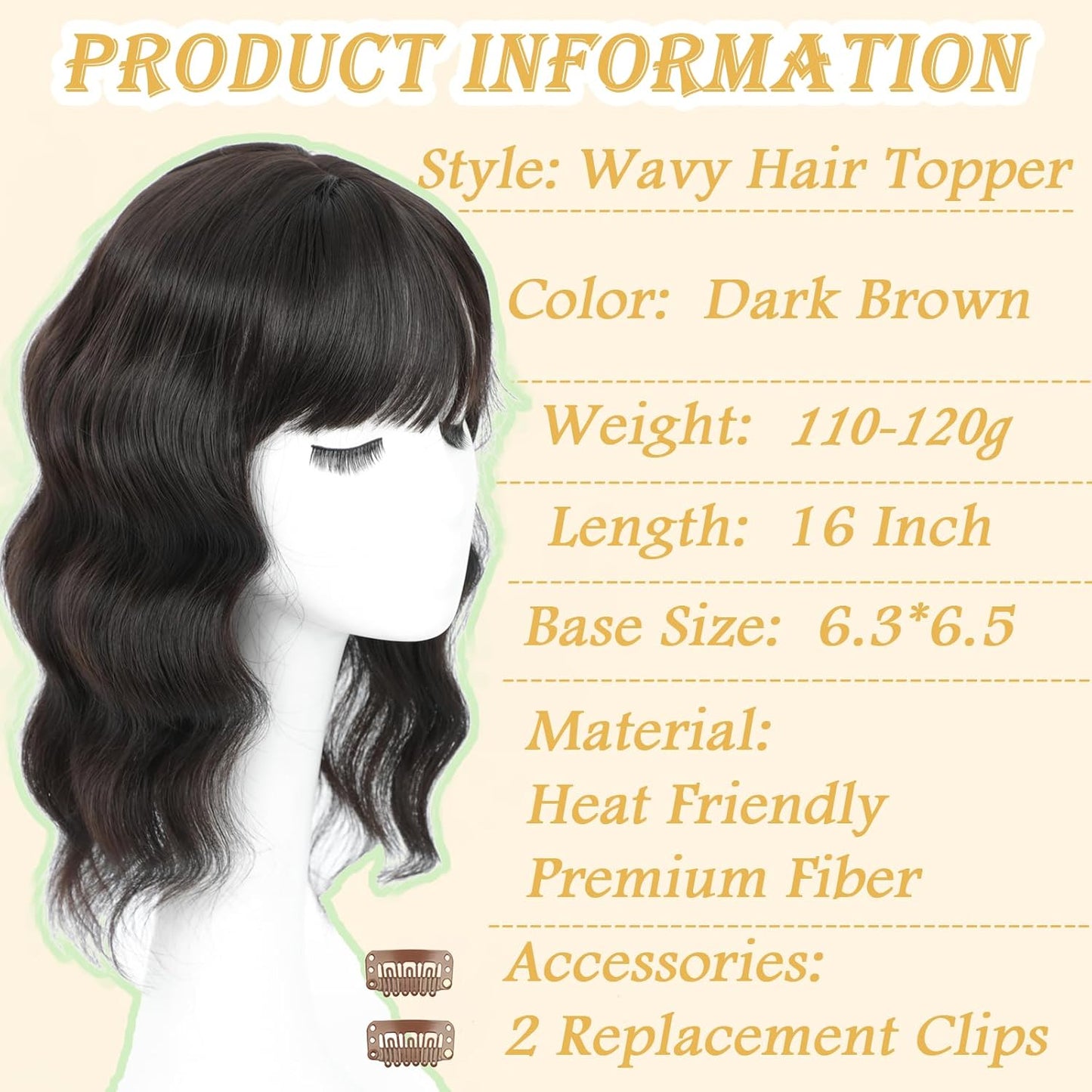 Hair Topper for Women - 16 Inch Synthetic Curly Wavy Clip-In with Wispy Bangs | Natural-Looking Volume (Dark Brown)