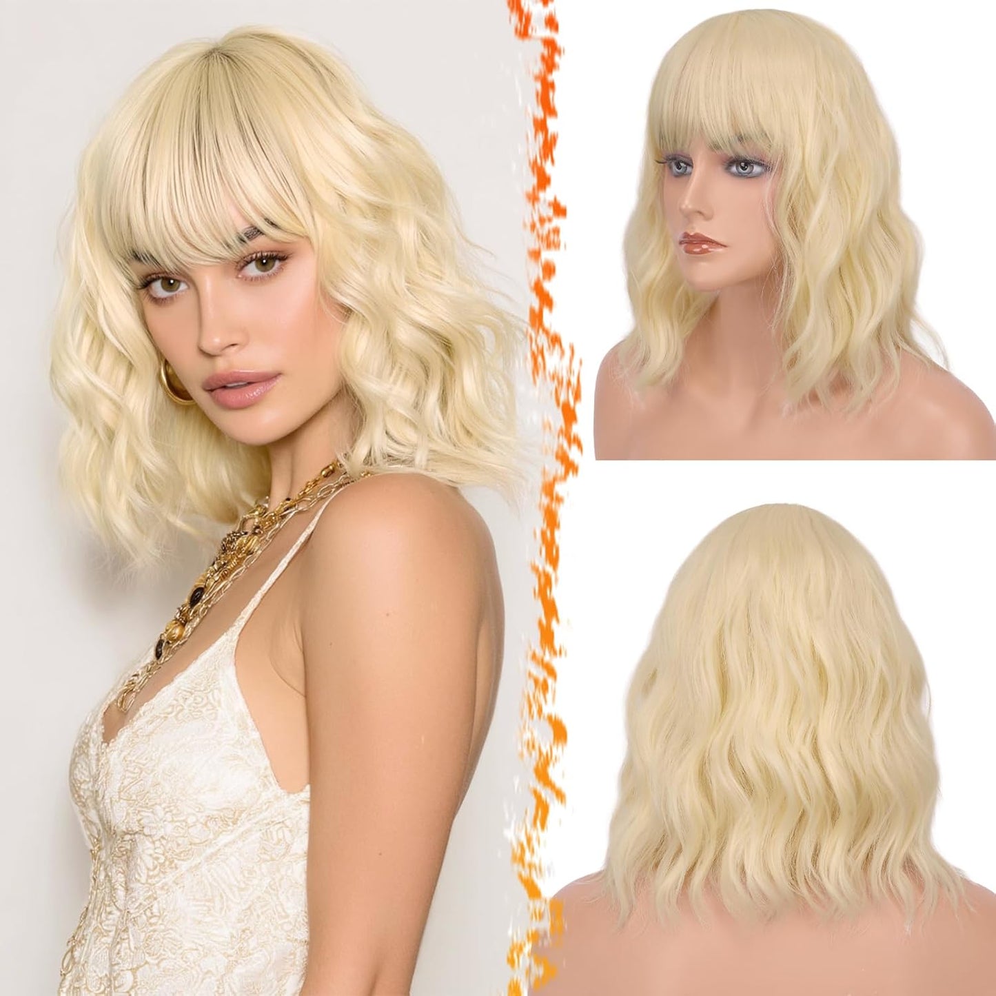 Long Wavy Blonde Curtain Bangs Wig - 26" Synthetic Ombre Wig with Dark Roots | Soft Natural Look