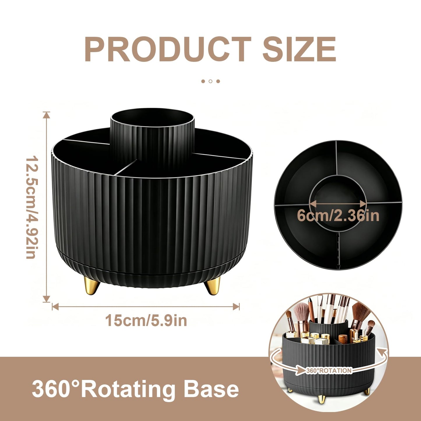 HJUHBDJ 360°Rotating Makeup Brush Holder Organizer, Black Countertop Cosmetic Display Case, Spinning Skincare Storage Carousel for Vanity, Desktop & Bathroom