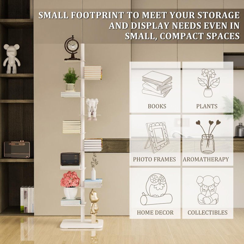 Nynelly 9-Tier Metal Spine Bookshelf - Heavy Duty Vertical Book Tower, White Open Bookcase, Floor Standing Tall Narrow Book Shelf for Small Space Living Room Office Decor, Industrial Book Organizer