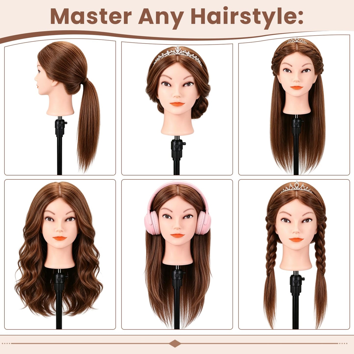 Mannequin Head with 100% Real Human Hair, Beauty Star Manikin Doll Head for Hair Styling, Cosmetology Hairdressing Training Practice Head with Clamp Stand and Braiding Accessories Kit (18" Dark Brown)