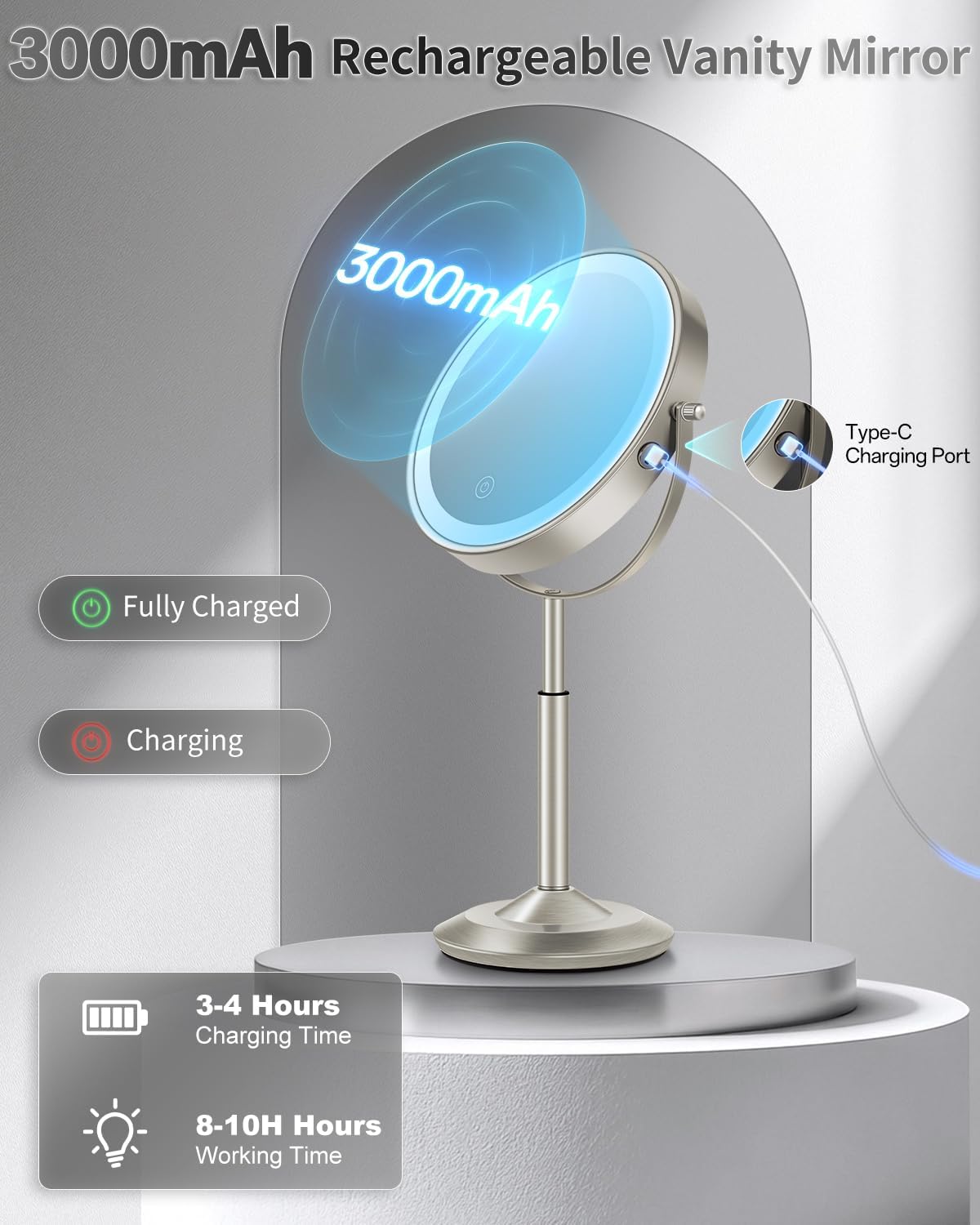 30X/1X Makeup Mirror with Lights - Adjustable Height, 3 Lighting Modes & Rechargeable | Perfect Gift for Women