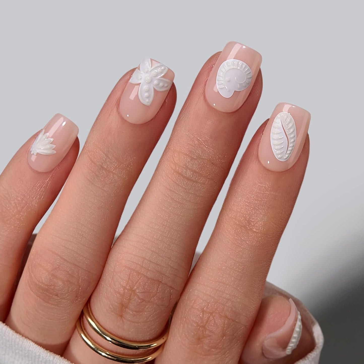 French Tip Press On Nails - Isle Plumeria | Easy-Apply Flower Short Square Design, 32 Nails in 16 Sizes