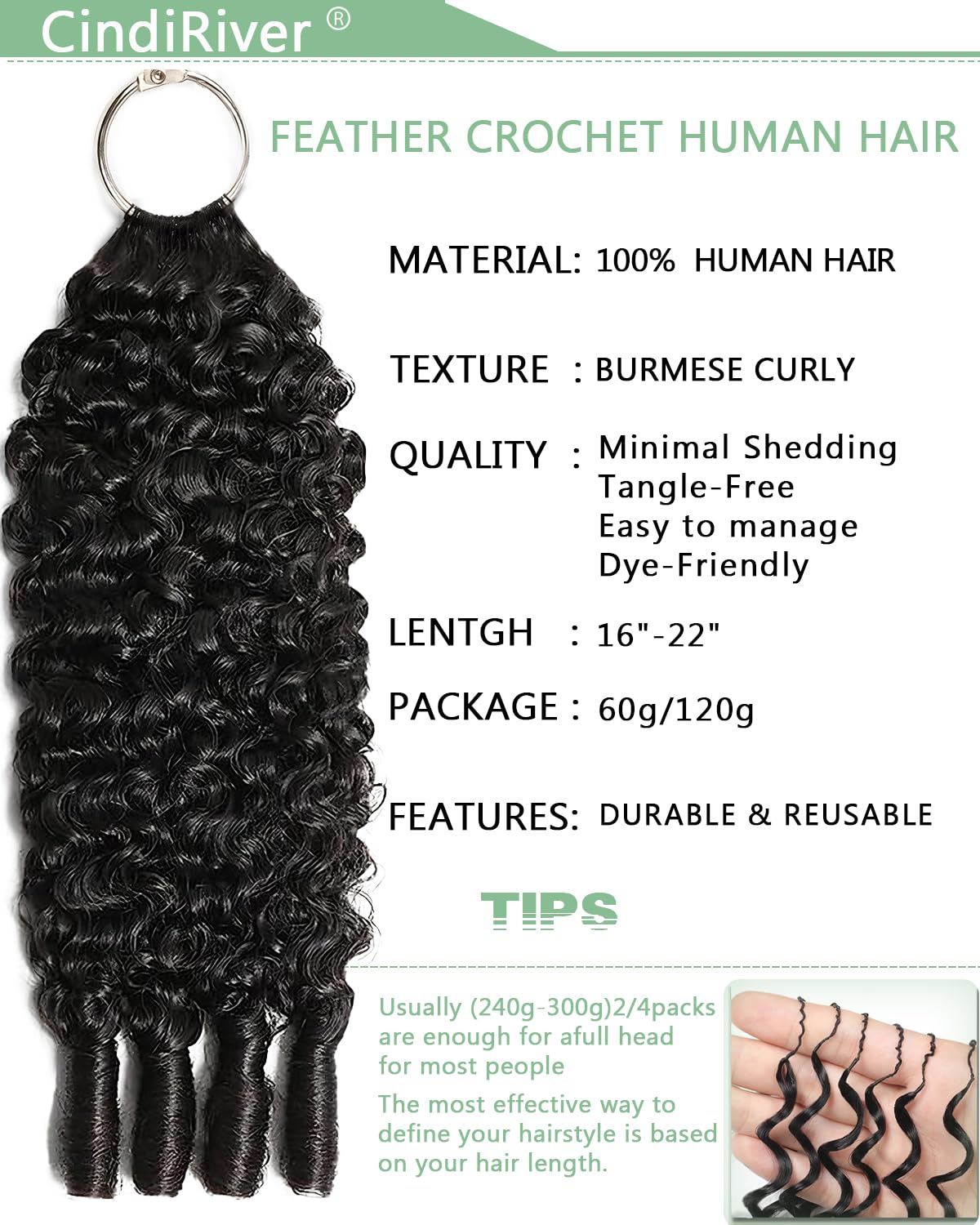 CindiRiver Burmese Curly Human Crochet Hair 20 Inch 120g Knotless Pre-Separated Feather Crochet Real Human Hair Lightweight Reusable Remy Hair Extensions with Spiral End