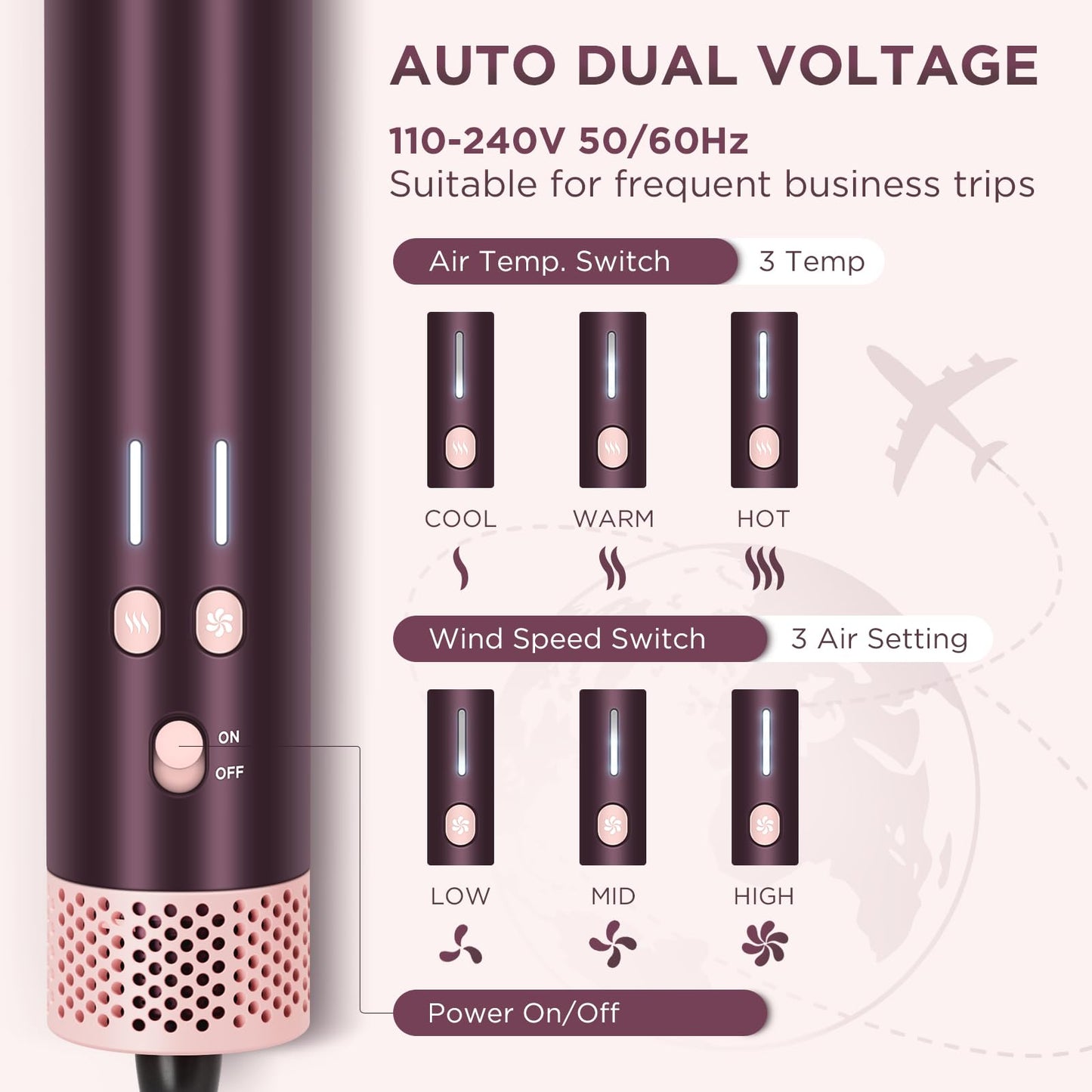 7-in-1 Hot Air Styler,MaxAIR 2.0,PARWIN PRO BEAUTY Travel Dual Voltage Multi-Styler Set,110,000RPM High Speed Hair Dryer Brush with Air Hair Straightener,1.1 Inch Auto-Wrap Curlers,Jasper Plum