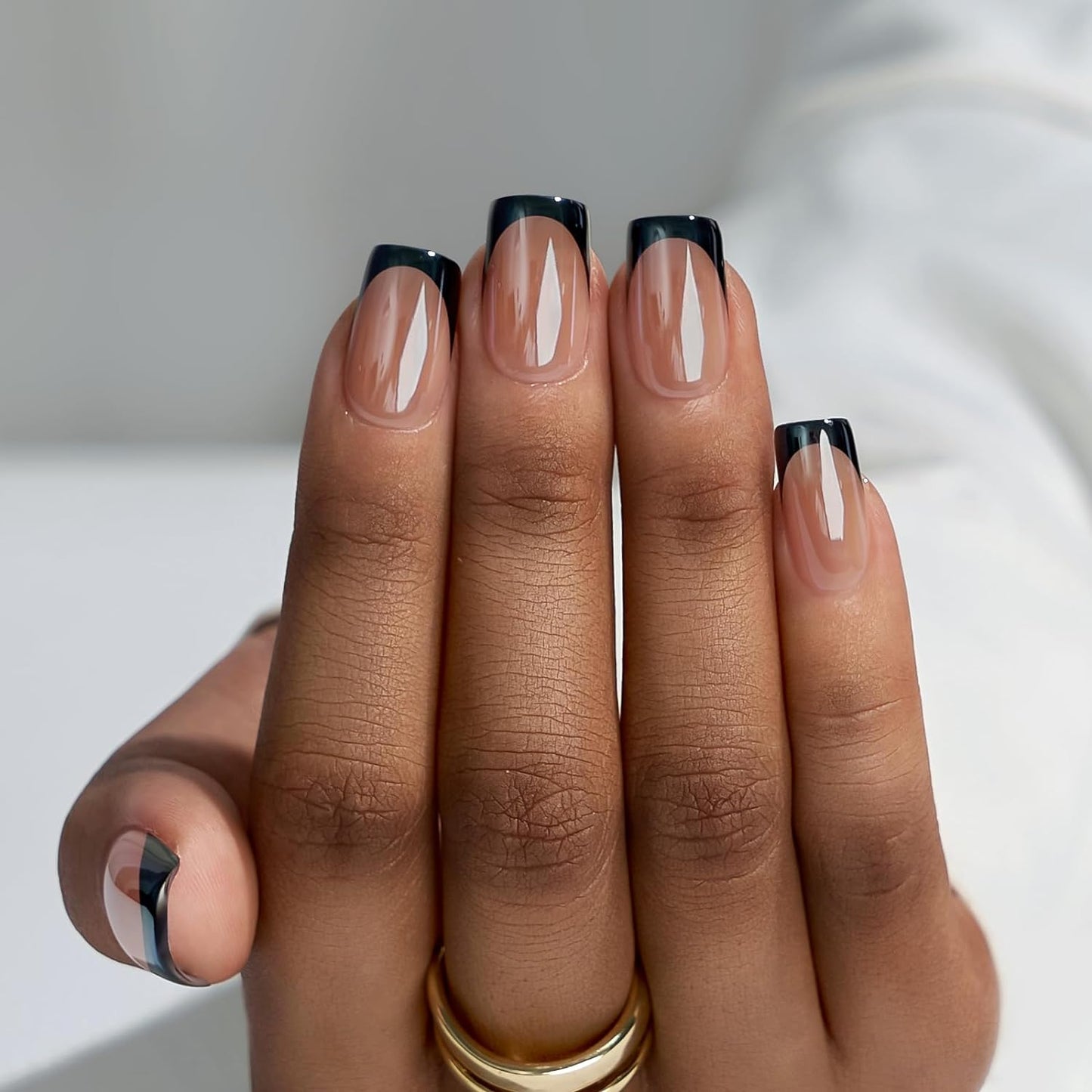 French Tip Press On Nails - Chrome Short Almond Design | Semi-Transparent Soft Gel, 16 Sizes, 32 Piece Kit