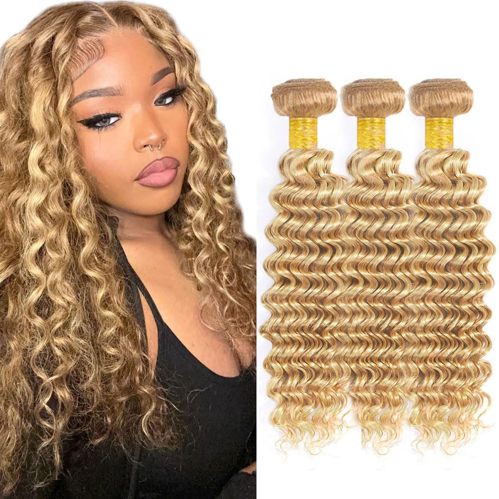 28 30 32 Inch Honey Blonde Bundles 27/613 Deep Wave Bundle Human Hair 3 Bundles 8A Grade Peruvian Virgin Hair Double Weft 613 Blonde Hair Extensions