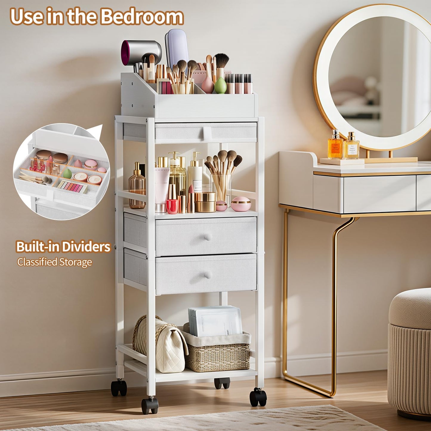 Luxspire Makeup Organizer Cart, Floor Skincare Organizers, Makeup Storage with Drawers, Vanity Organizer Cosmetics Display Cases Holder for Skin Care Perfume Nail Polish Makeup Brush Hair Tool, White