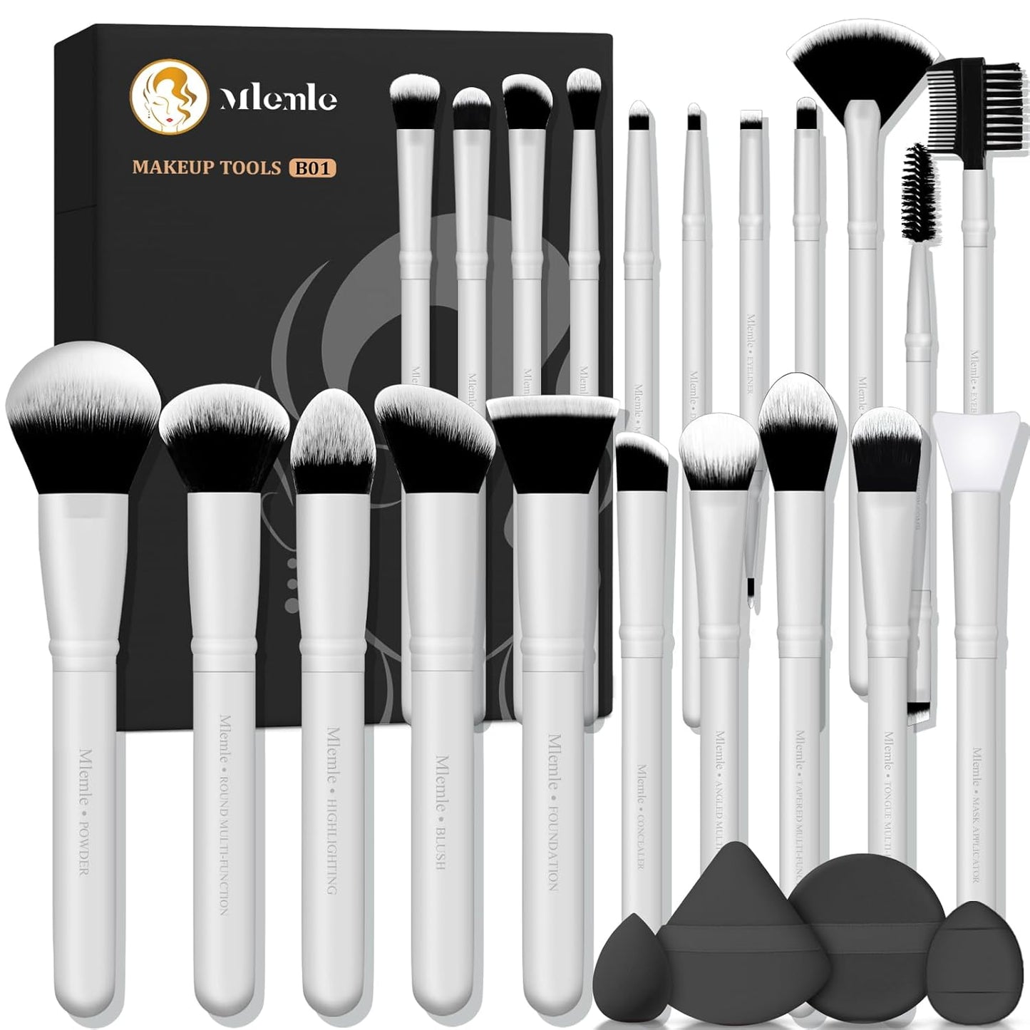 Professional Makeup Brushes Set - 25 Pcs Kit with Foundation, Blush, Eyeshadow Brushes & Sponges | Black