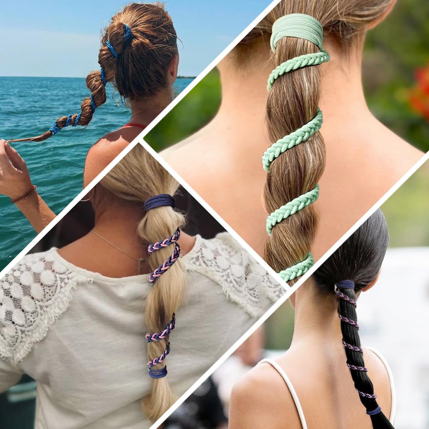 Hair Ties for Thick Hair, 25" Elastic No Tangle Spiral Hair Ties Damage-Free Ponytail Holders for Thick Long Hair Motorcycle Hair Accessories for Sports- Bike Riding Swim Skiing- Aqua+Pink
