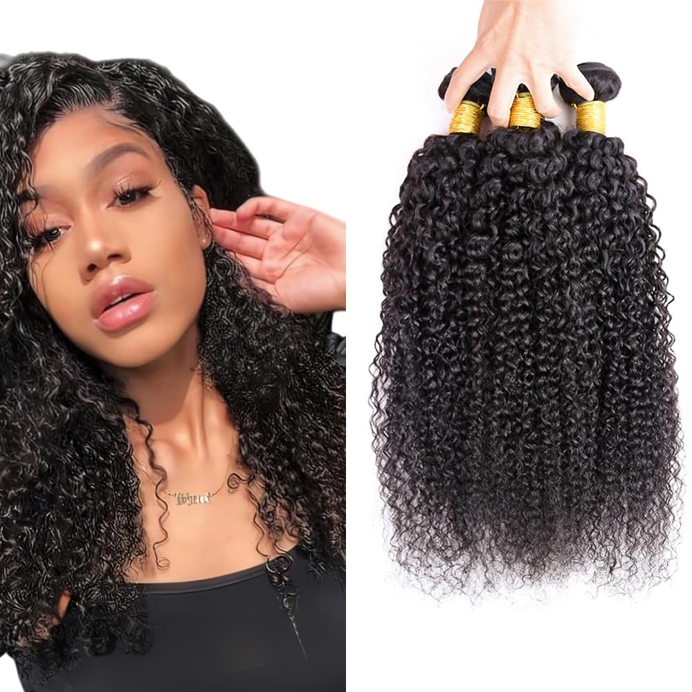 Curly Bundles Human Hair #1B Bundle Kinky Curly Human Hair Bundles Natural Black Bundle #1B Color Unprocessed Virgin Hair Extensions 20 22 24 Inch 150g