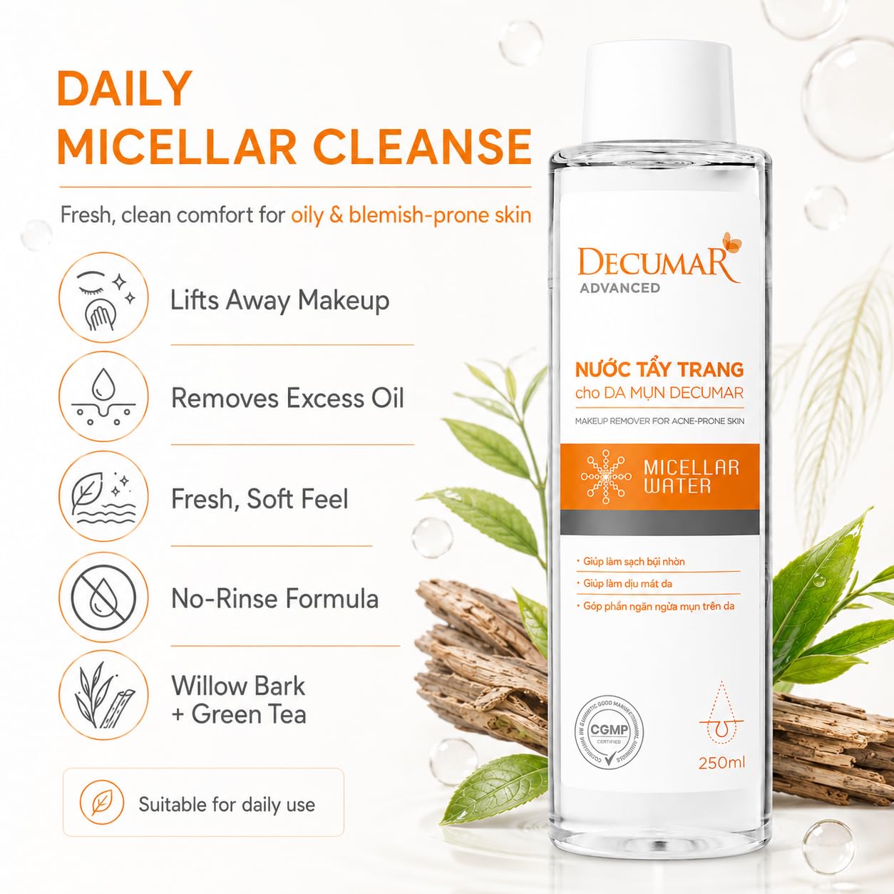 HVSun Decumar Micellar Cleansing Water Makeup Remover, Gentle No-Rinse Facial Cleanser with Green Tea & Willow Bark, for Oily & Blemish-Prone Skin, 250 mL / 8.45 fl oz
