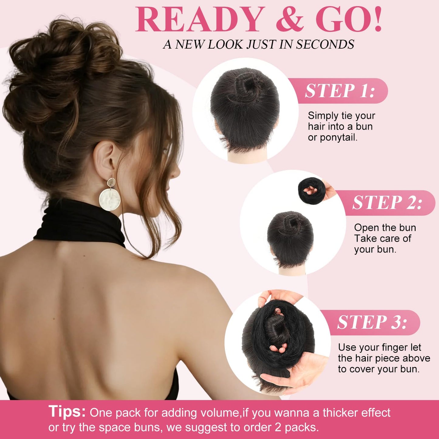 Messy Bun Hair Piece - 100% Human Hair Fluffy Donut Updo Extensions | 2Pcs Natural Black