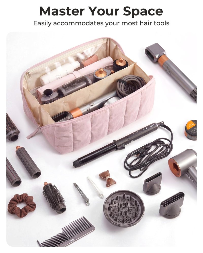 BAGSMART Hair Tool Organizer Travel Bag Compatible with Dyson Airwrap, Shark Hair Dryer, Wide-open Accessories Organizer with Heat Resistant Mat, Makeup Bag for Dyson Attachments, Curling Iron, Pink