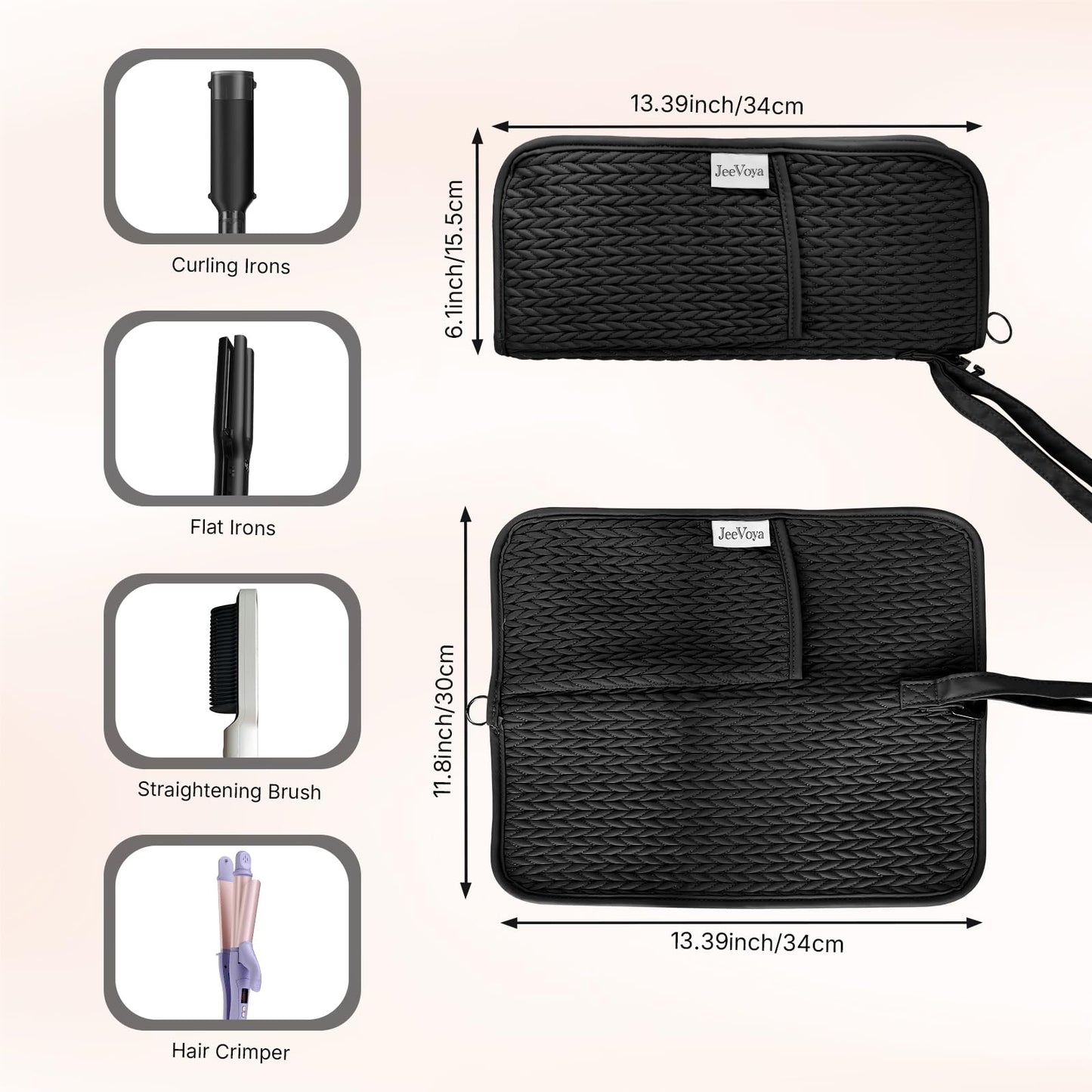 JeeVoya Hair Tools Organizer Bag Heat Resistant Mat Case Hot Tools Travel Bag Portable Flat Iron Pouch Case for Hair Straighteners, Curling Irons, Flat Irons and Hot Styling Tools (Black)
