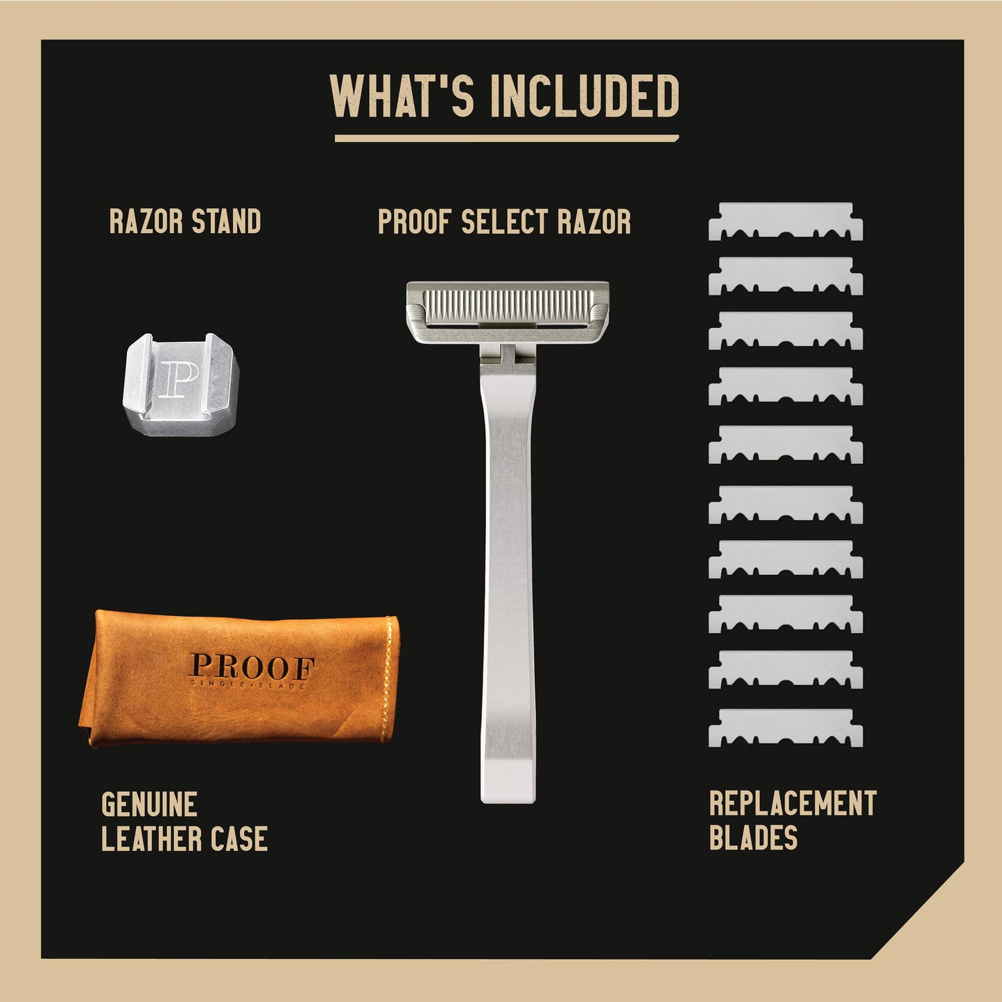 PROOF Select Single Blade Razor for Men with Pivoting Head Made in USA - CNC Machined Aluminum Easy Blade Replacement - Includes Genuine Leather Travel Case, Suction Cup Holder and Safety Razor Blades