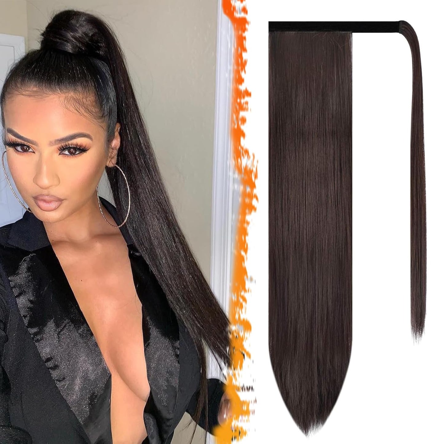 Dark Brown Straight Ponytail Extension - 28 Inch Clip-In Hairpiece for Women | Synthetic Wrap Around Style