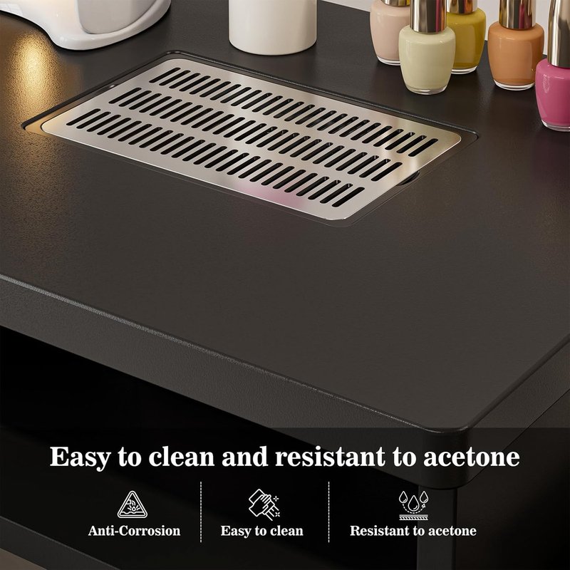 Manicure Table - Glass Top Nail Desk for Beauty Salon | Electric Downdraft Vent, Storage Drawers, Black & Gold Design