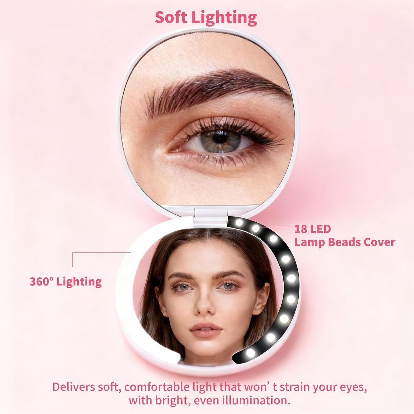 Portable Makeup Mirror - 1X/5X LED Lighted Magnifying Mirror | Compact USB Rechargeable Travel Size in White