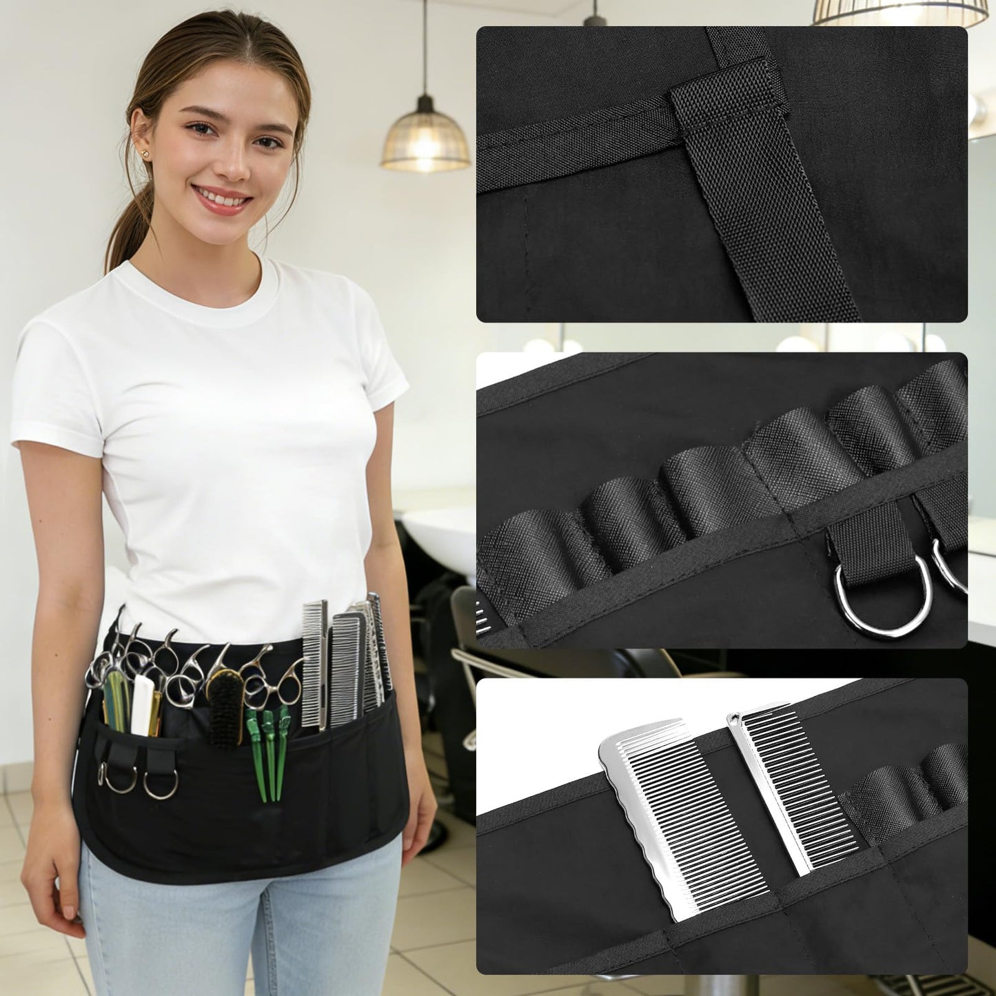 Barber Apron with 13 Pockets, Multi-Functional Work Apron Cape for Hairdressing, Stylist Apron for Organizing Hairdressing Supplies, for Women Men, Salon, Kitchen, Gardening(15.5 x 8.5 Inch)