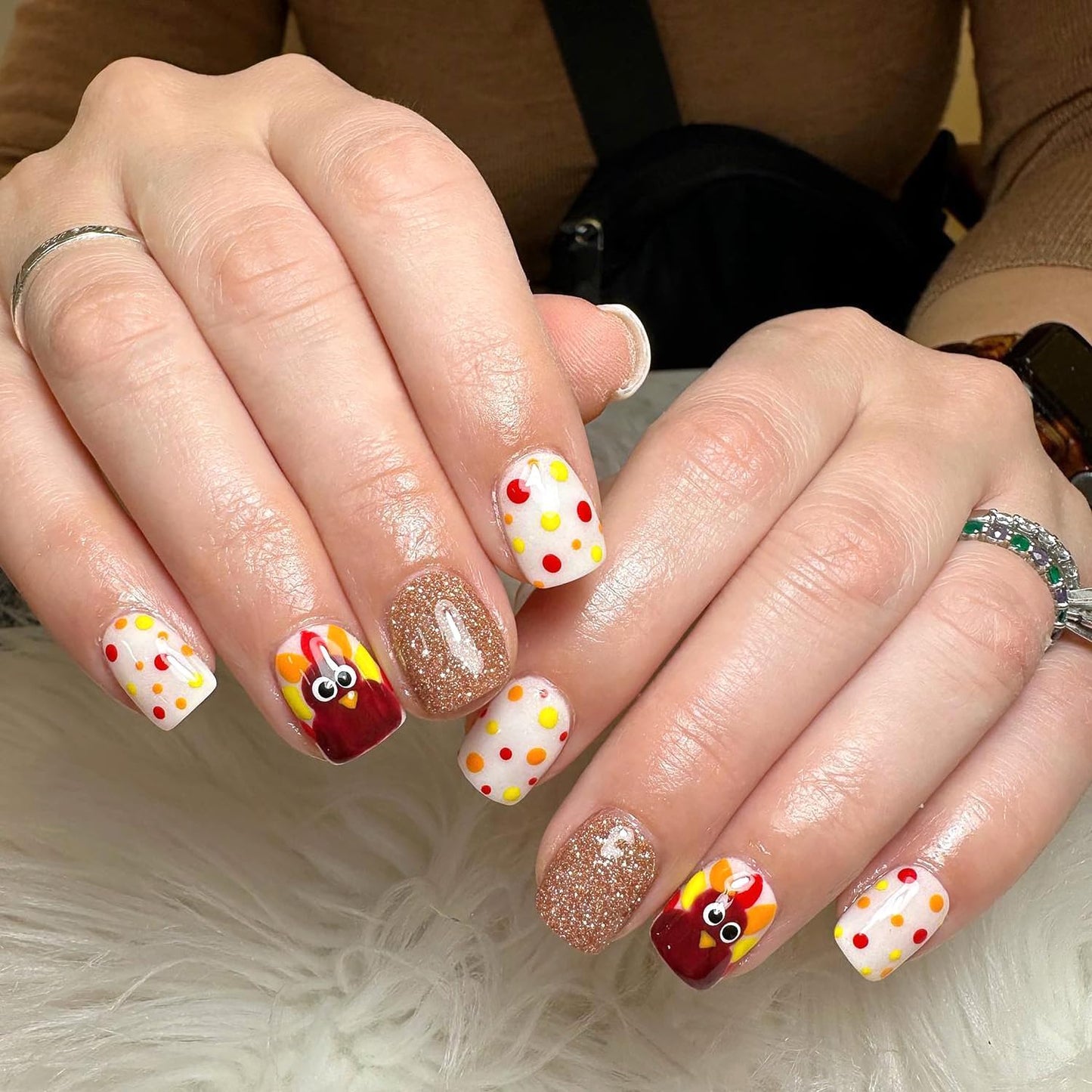 French Tip Press-On Nails - 24 Pcs Medium Almond with 3D Flower & Gold Rhinestones | Full Cover Nude Artificial Nails