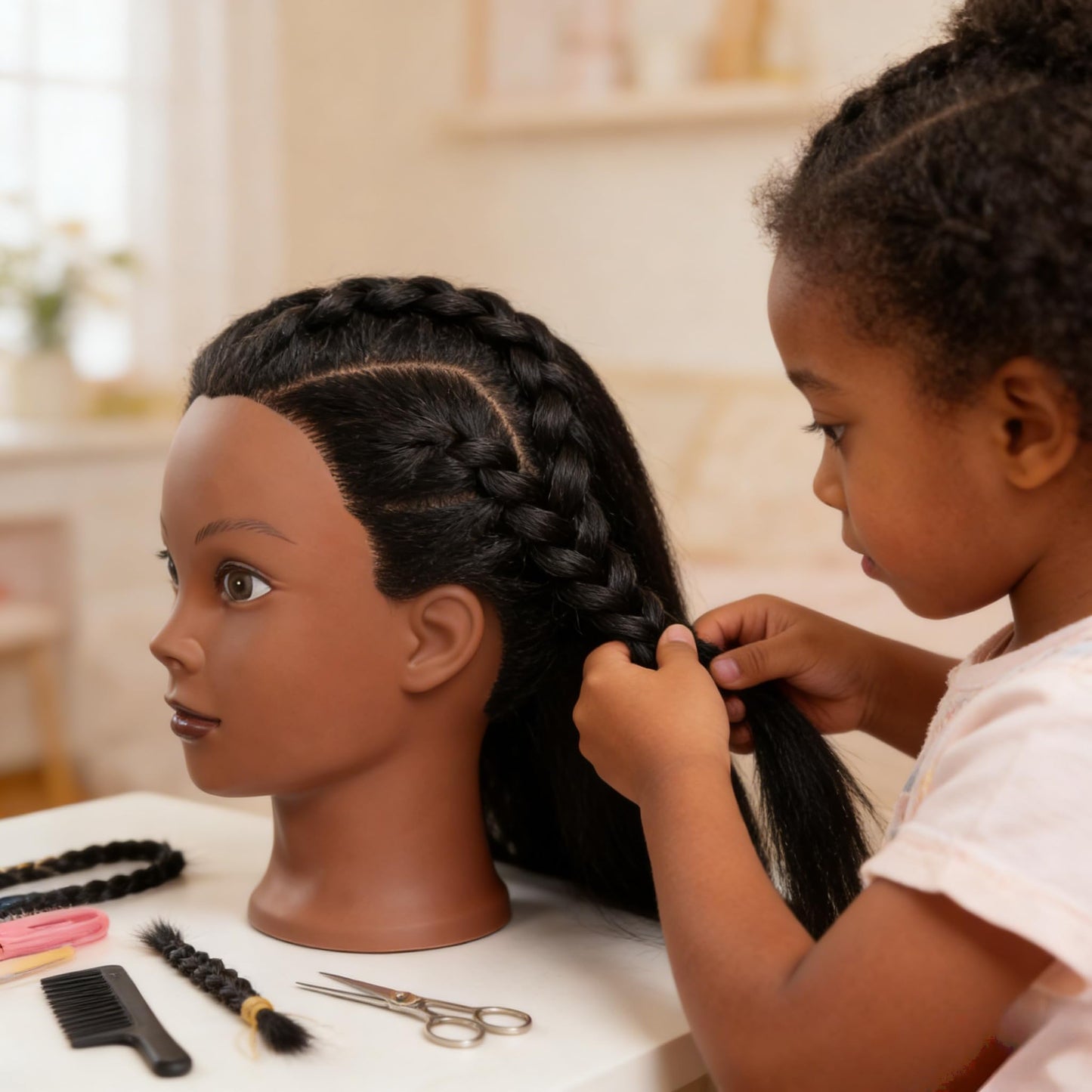 Yiifiulyn African Mannequin Head with 100% Real Hair, Black Mannequin Head for Hairdresser Practice Braiding - Doll Head for Hair Styling Kids