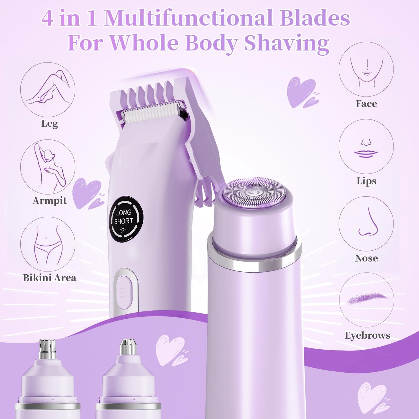 BBDYOY Bikini Trimmer for Women - 4 in 1 Women Electric Shaver Dual Head IPX7 Waterproof Wet & Dry Use Body Hair Trimmer and Facial Hair Remover for Bikini Underarm Leg Arm Body Face,Purple