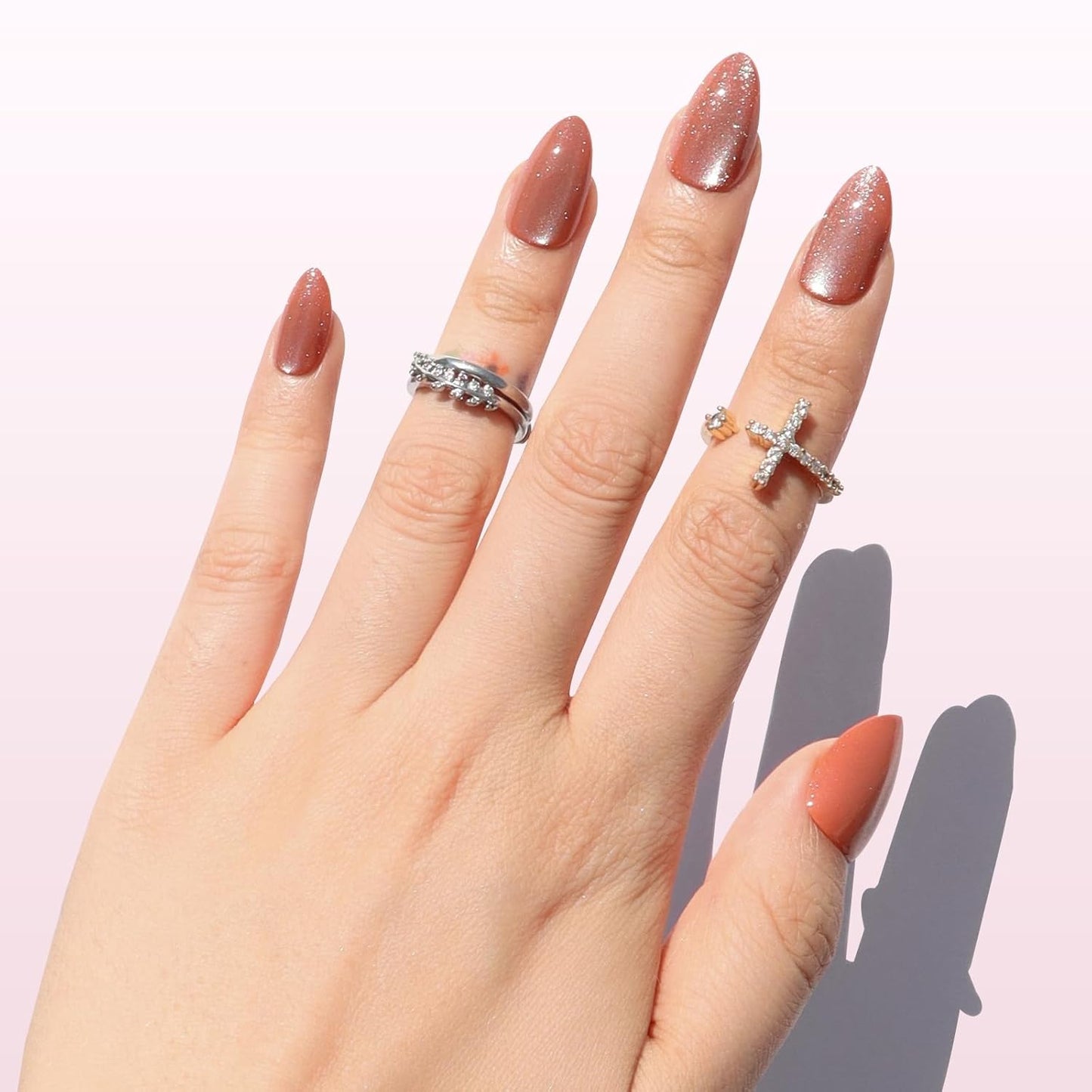 Press On Nails - Amber Gold Short Almond Cat Eye Velvet Finish | 16 Sizes, Reusable Opaque Stick-On Nail Kit with Glue