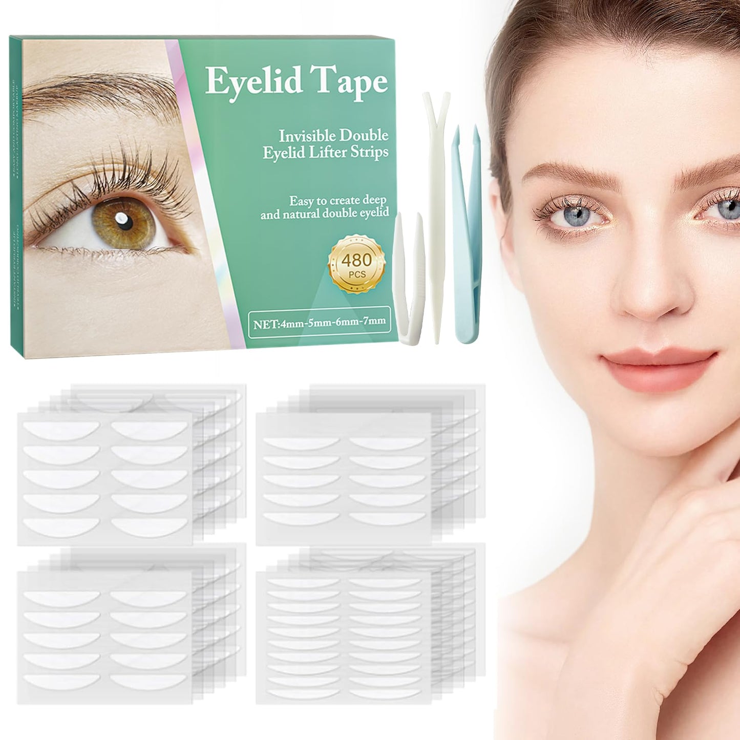 Eyelid Tape, 480Count Eyelid Lifter Strips, Eyelid Tape for Hooded Eyes Invisible, Waterproof Double Eyelid Tape, Suitable for Uneven or Monolids, Instant Eye Lift Without Surgery