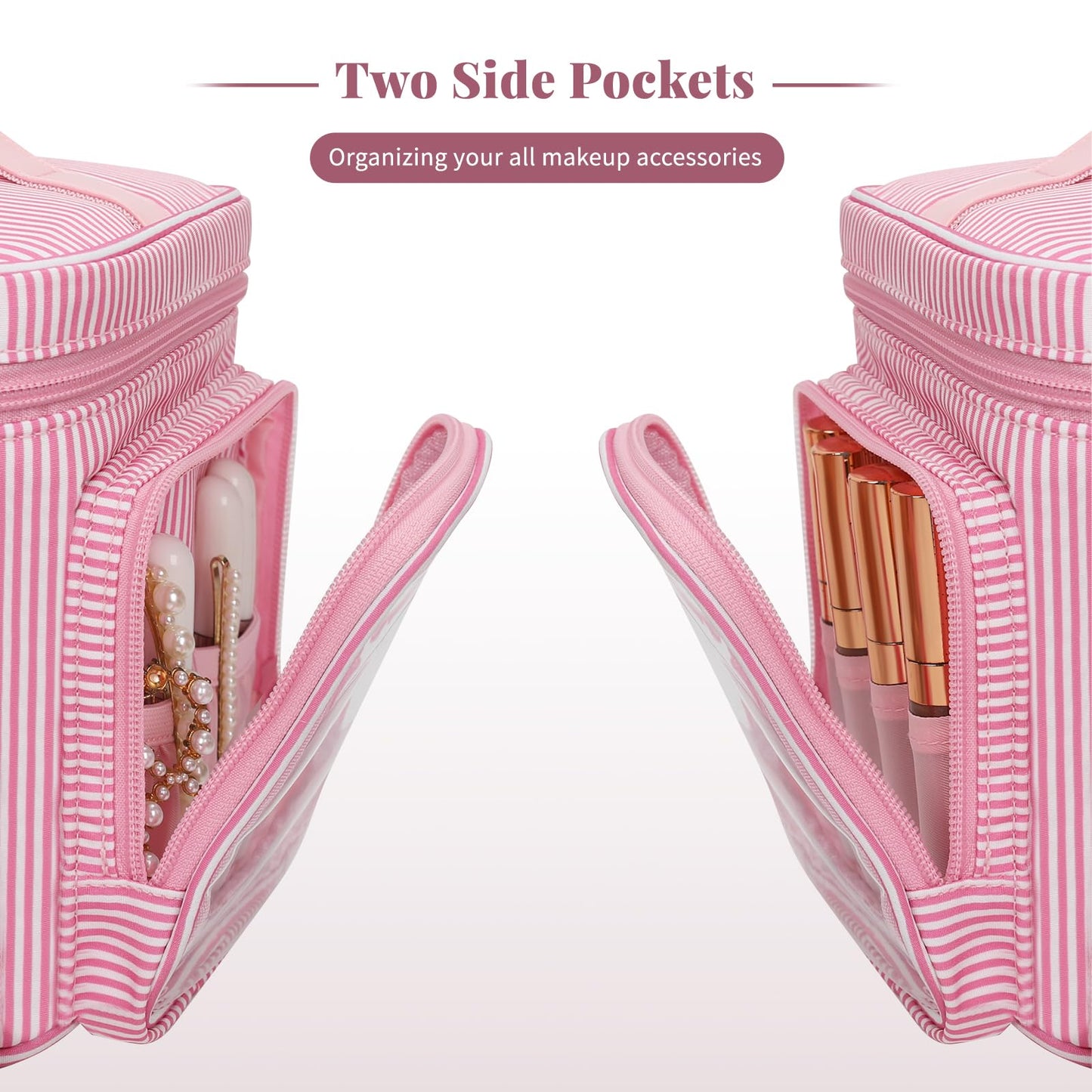 Large Makeup Bag, Portable Travel Makeup Bag Organizer for Women Girls with Makeup Brush Compartment & Two Side Pockets, Cosmetic Travel Bag Vertical Storage Toiletry Bag - Pink Stripe