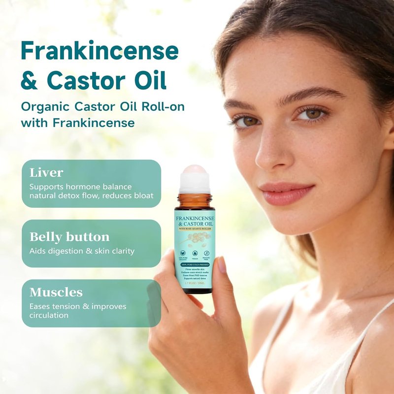 Organic Castor Oil Roll-On with Rose Quartz Roller | 100% Cold Pressed, Moisturizing for Face, Body & Hair - 1.7 fl oz
