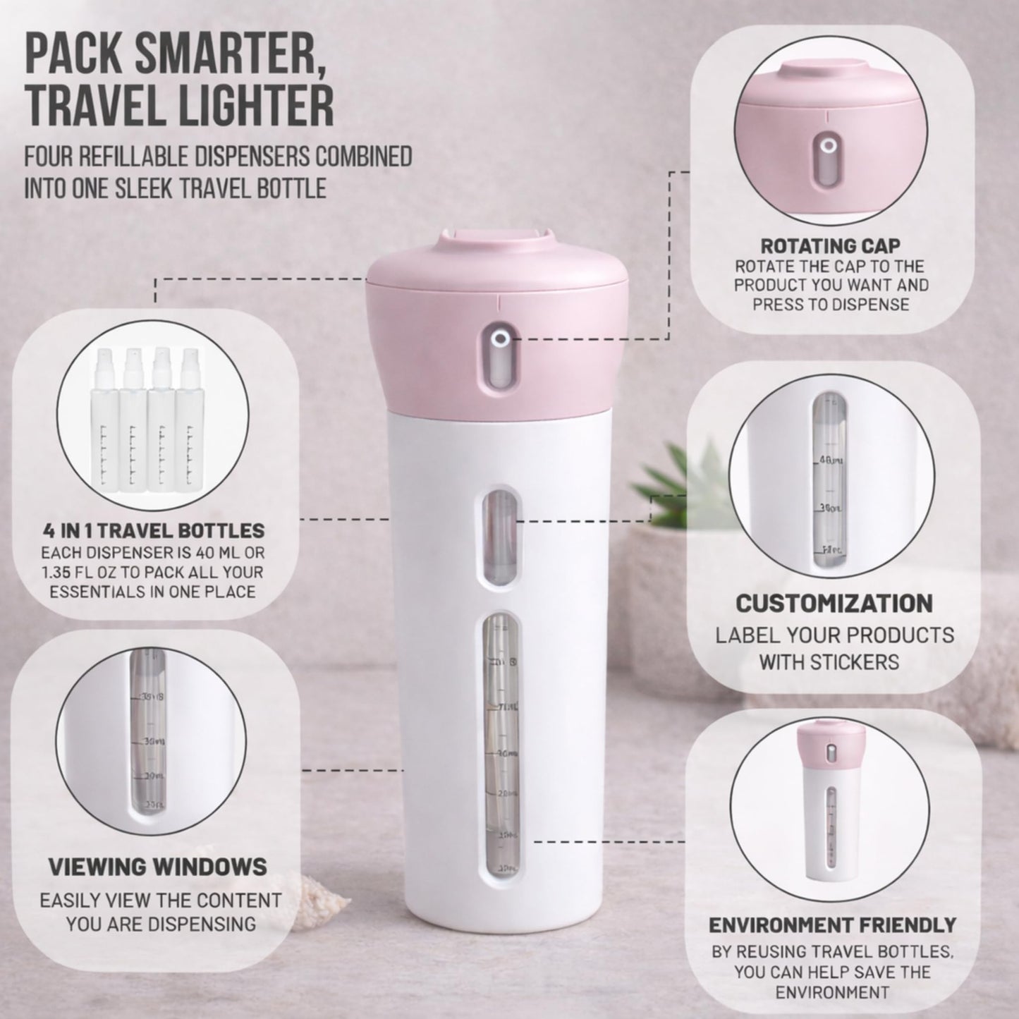 Travigo 4-in-1 Travel Dispenser Bottle, TSA Approved, Leak Proof, Four Reusable 1.4 oz. (40 mL) Toiletry Containers for Shampoo, Conditioner, Soap, Lotion, Skincare (Pink)