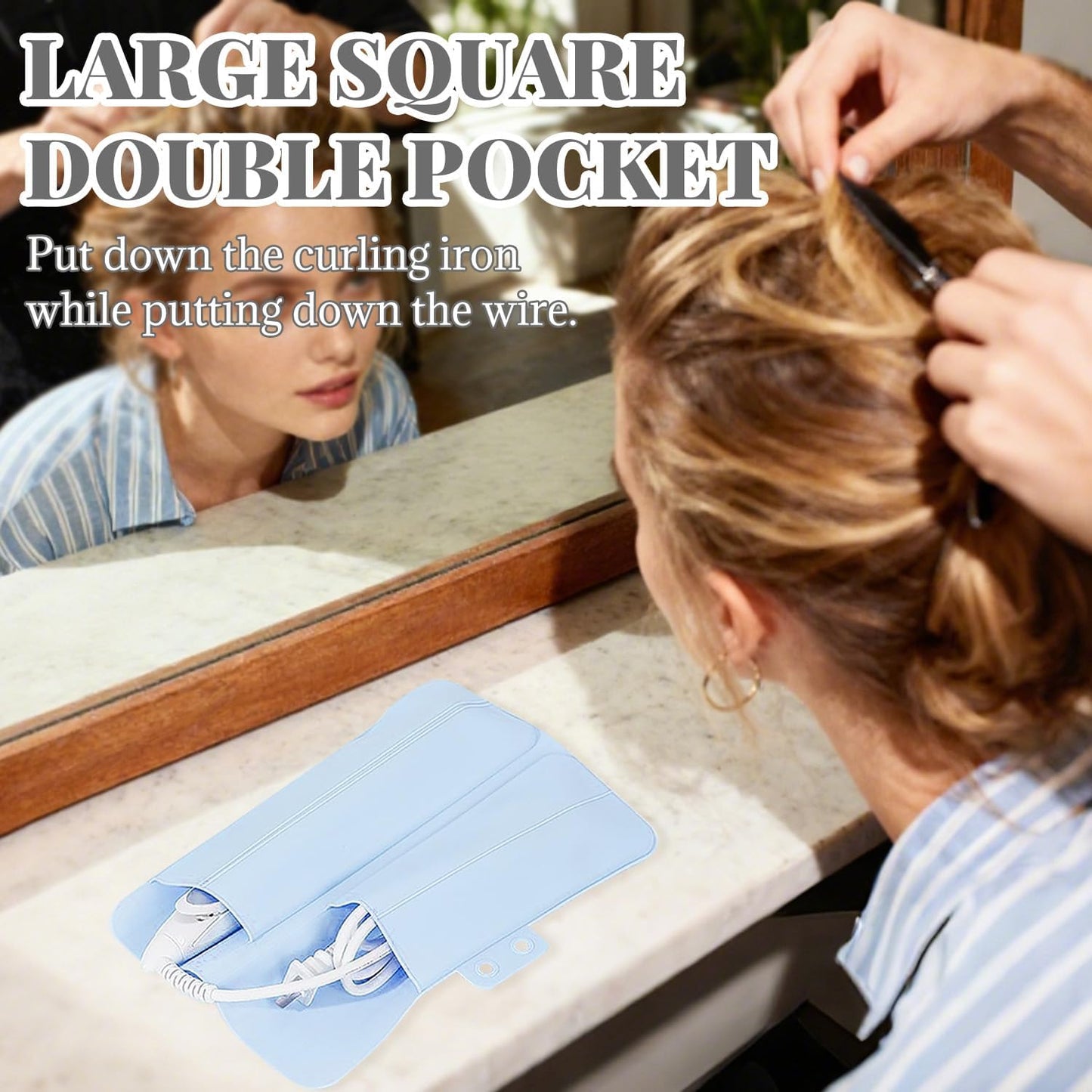 Heat Resistant Silicone Mat Travel Case - 2-in-1 Soft Folding Storage Bag for Curling Iron & Flat Iron | Non-Slip Design, Portable (Blue)
