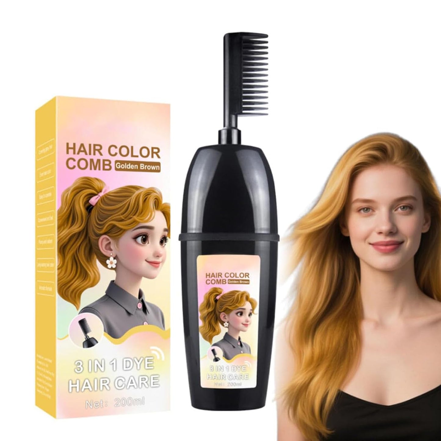 Herbal Hair Coloring Comb - 3-In-1 Easy At-Home Hair Color | Retro Red 200ml - Ammonia-Free, Nourishing Argan Oil & Ginseng