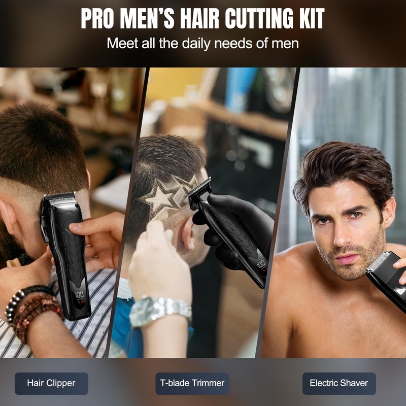 Lanumi Hair Clippers for Men - Cordless Barber Clippers Set with T-Blade Trimmer, USB Rechargeable, LED Display