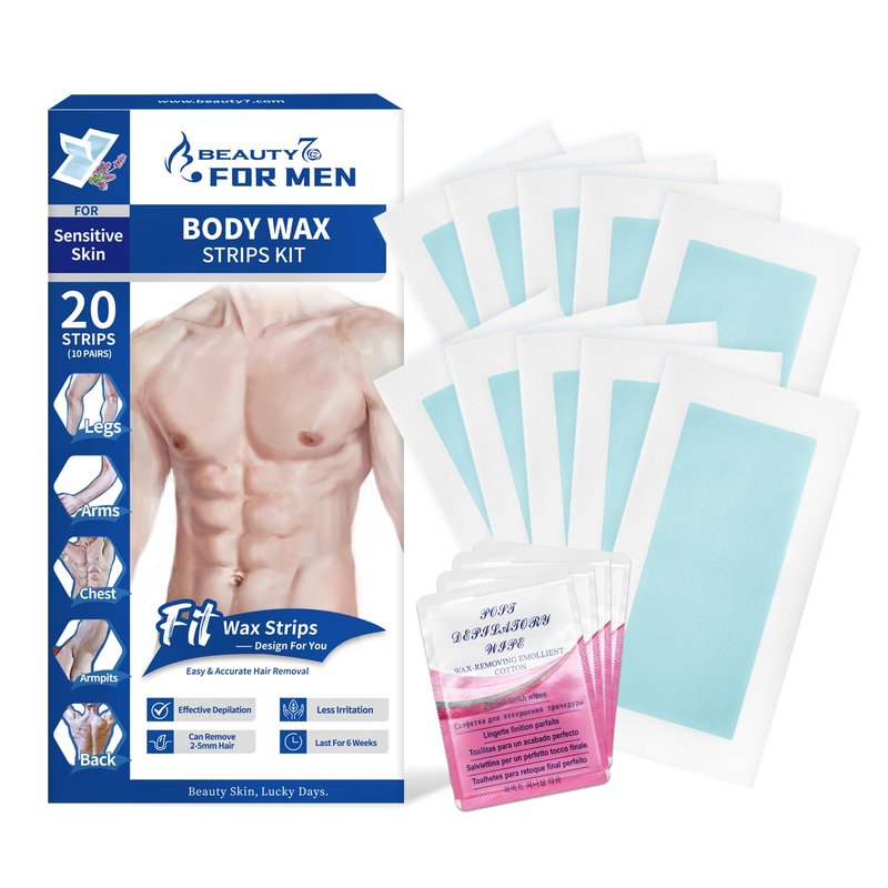 Beauty7 Men Wax Strips for Body, Ready to Use Waxing Strips, Facial Hair Removal Wax, Legs Arms Chest At Home Waxing, 20 Waxing Strip 4 Calming Oil Wipes