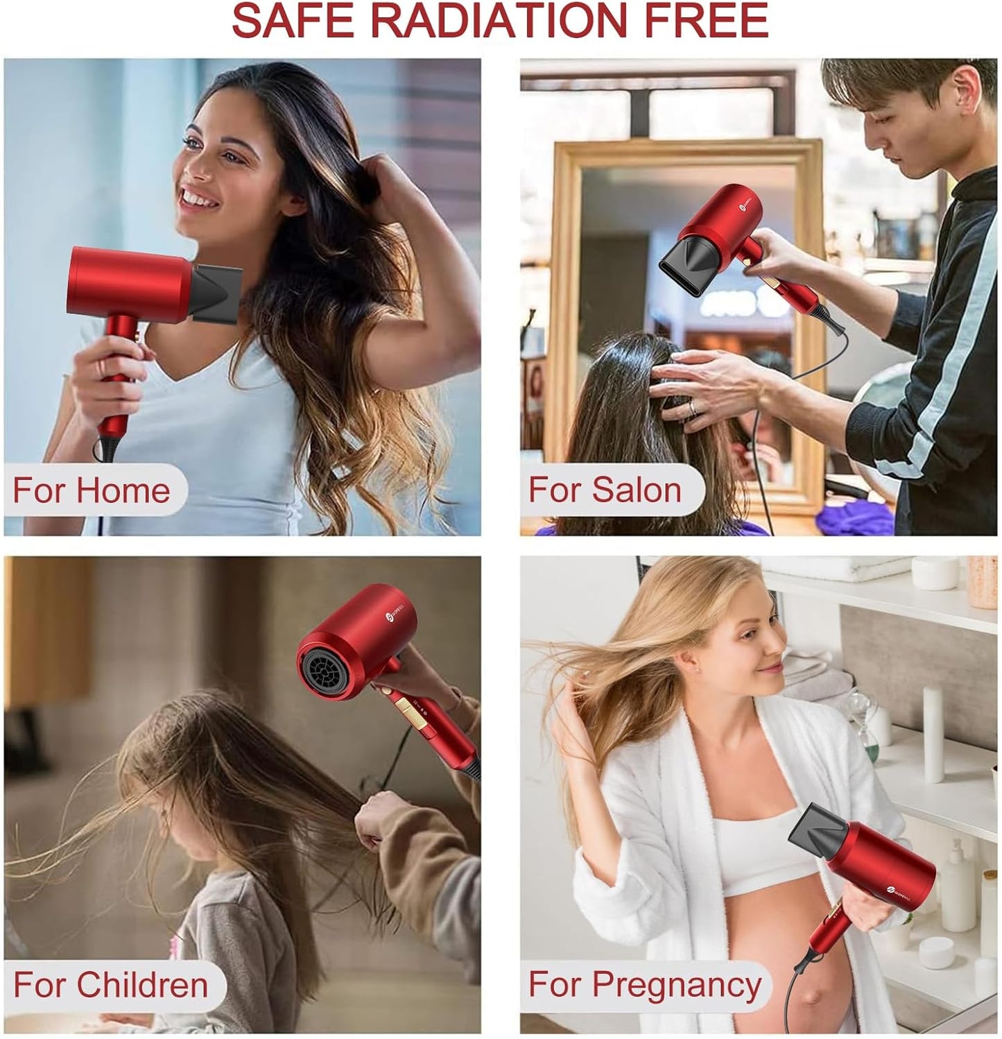 Ionic Hair Dryer - Powerful 1800W Fast Drying with Low Noise | 2 Concentrator Nozzles & 1 Diffuser - Agate Red