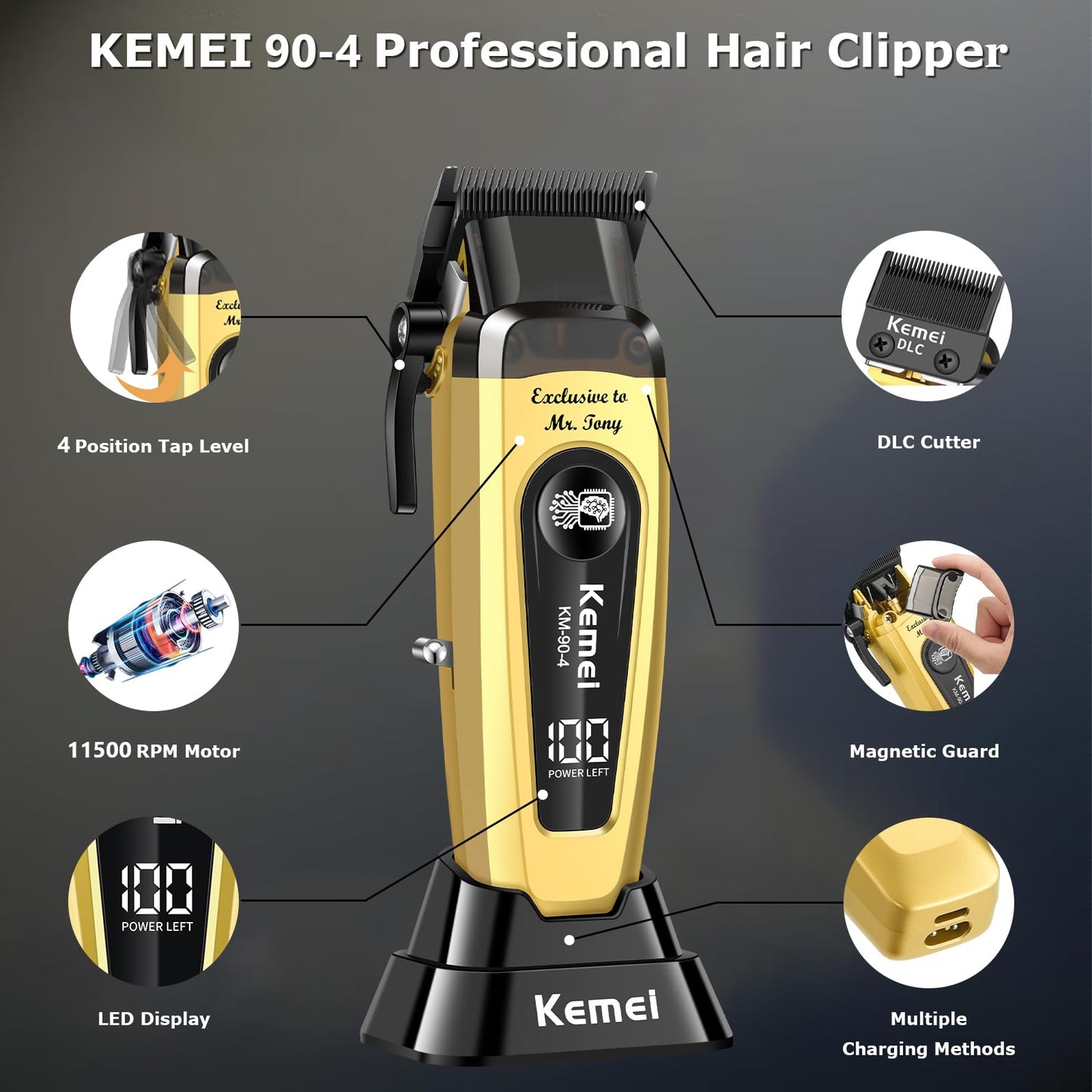 KEMEI 90-4 Professional Hair Clippers for Men, 11500 RPM Barber Clippers with LED Display, Cordless Hair Trimmer with DLC Blade & Charging Base, 2000 mAh Hair Clipper for Barbers Haircut Kit, Gold