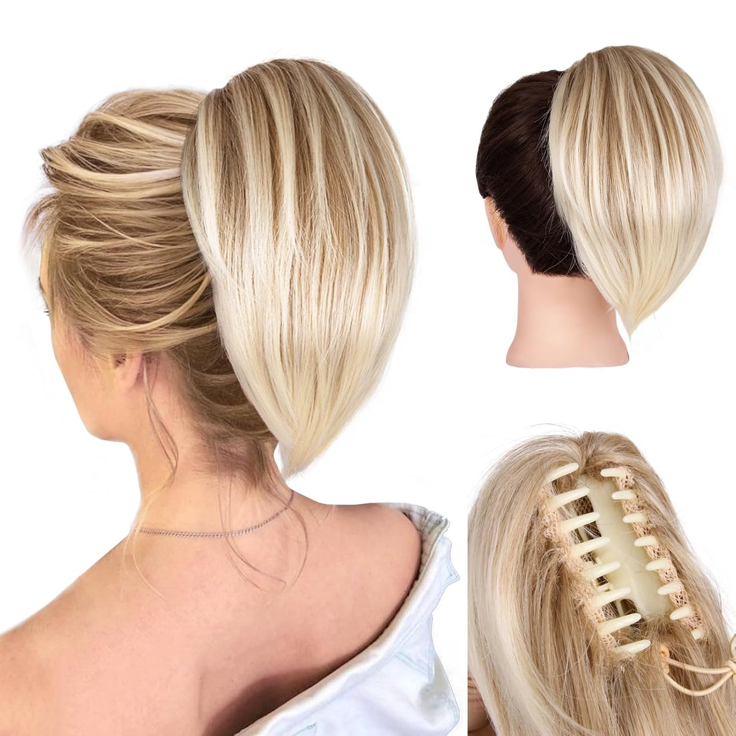 10 Inch Ponytail Extension - Straight Claw Clip Synthetic Hair | Brown with Blonde Highlights