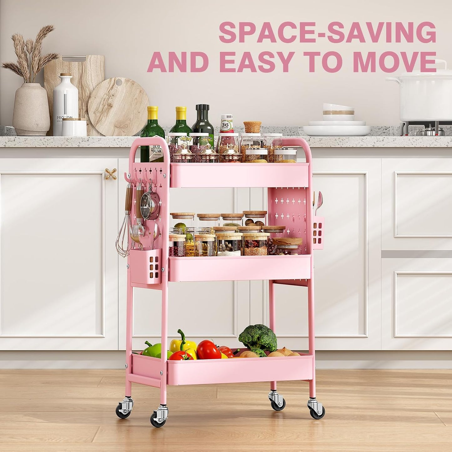 3 Tier Rolling Cart with DIY Pegboard - Metal Utility Cart with Wheels, Hooks & Baskets | Sturdy Storage Organizer for Craft, Bathroom, Kitchen, Office, Nursery, Classroom (Pink)