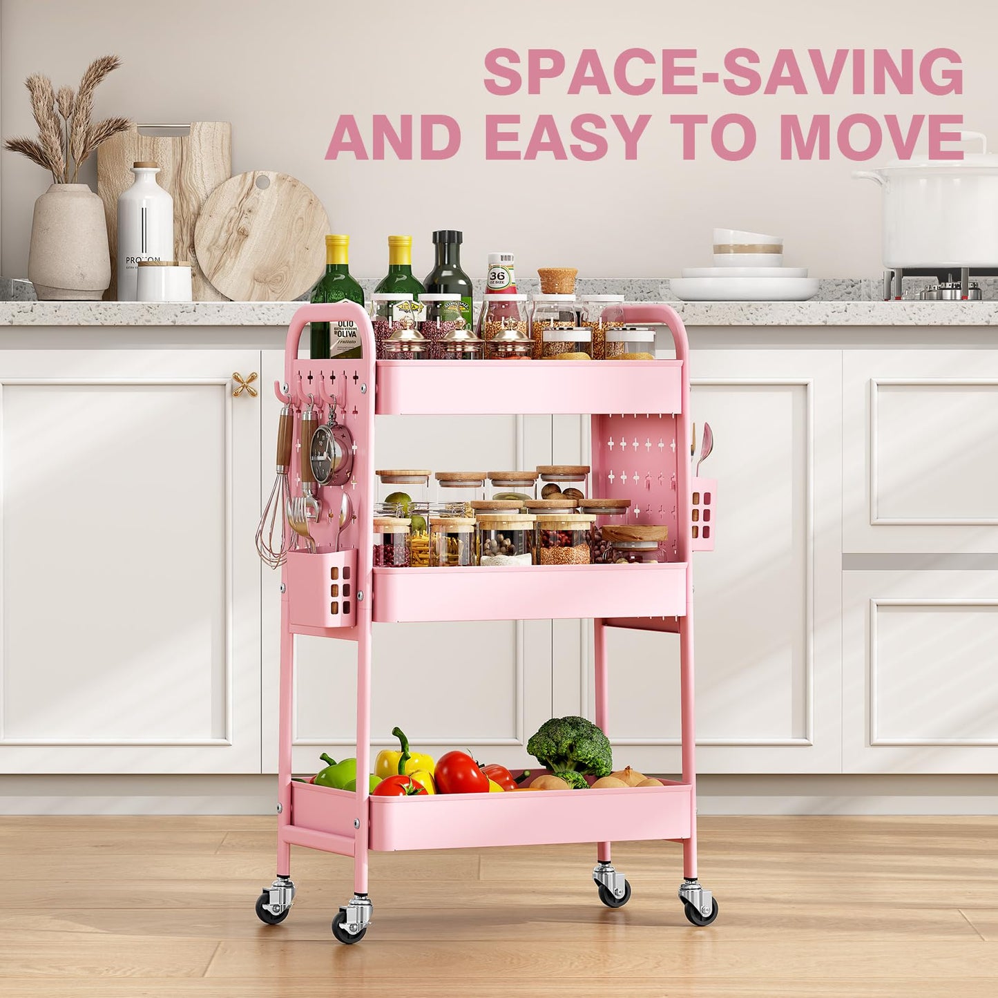 KINGRACK 3 Tier Rolling Cart with DIY Pegboard, Metal Utility Cart with Wheels, Hooks & Baskets, Sturdy Storage Organizer for Craft, Bathroom, Kitchen, Office, Nursery, Classroom(Pink)