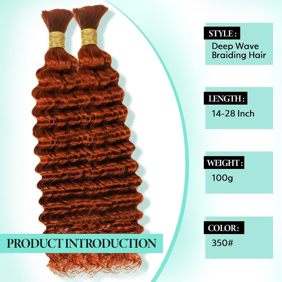 Boho Hair for Braiding, Curly Virgin Human Braiding Hair for Women, 12A Knotless Deep Wave Bulk Bohemian Styles, 100g 14 Inch 2 Bundles/Pack Ginger Color 350