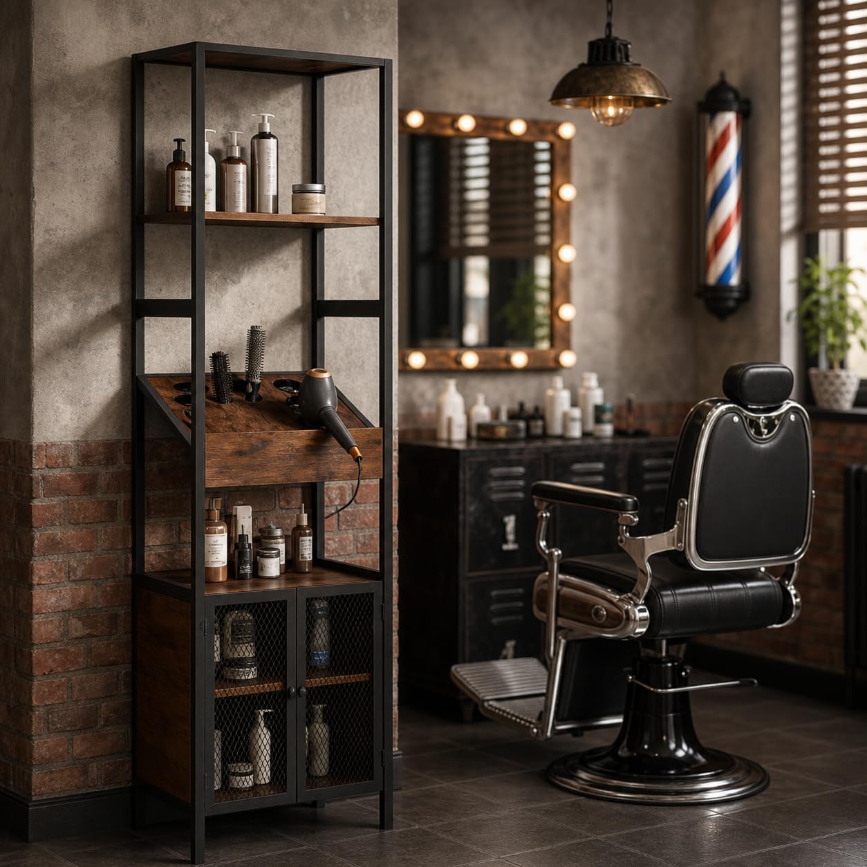 RESHABLE Industrial Salon Station for Hair Stylist, Salon Storage Cabinet with Dryer Hole, 7 Tool Holders, Power Outlets, Styling Equipment for Barber Bathroom, 70.8" H, Rustic Brown