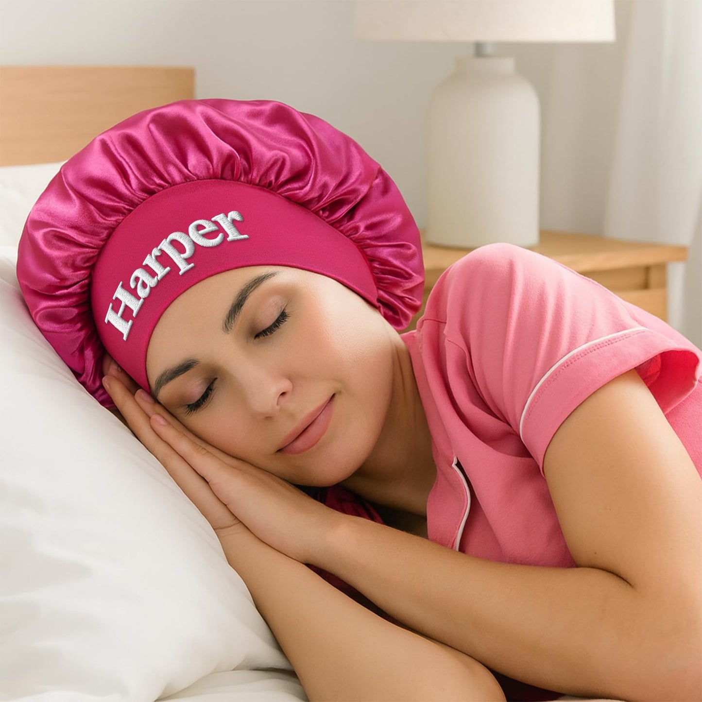 Personalized Hair Bonnet for Sleeping Women Valentines Day Gifts Custom Embroidered Name Silk Bonnets for Women Girls Satin Bonnet Elastic Band Sleep Cap Curly Hair