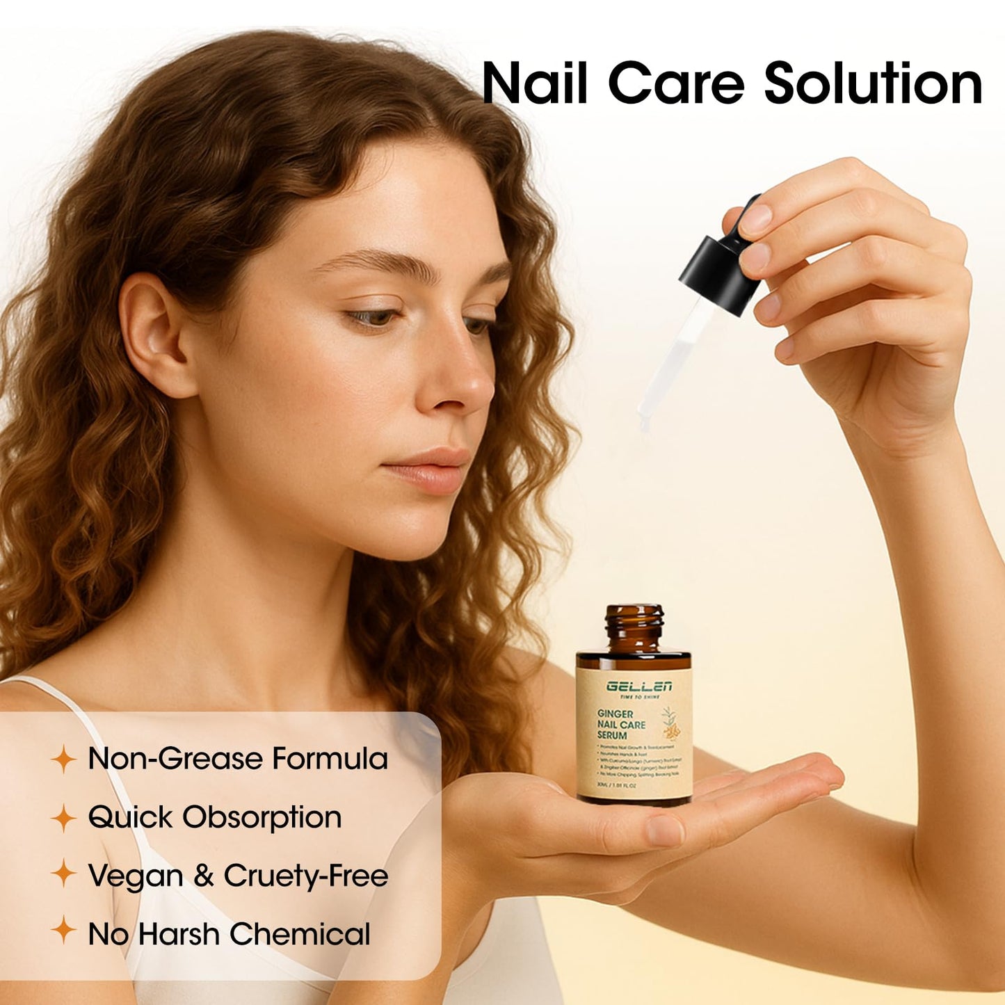 Gellen 7-14 Days Ginger Nail Growth Serum for Nail Strengthener and Growth, Nail Repair Treatment for Weak Brittle Splitting Damaged Nails, Hydrated & Nourished Nail Care Solution for Hands & Feet