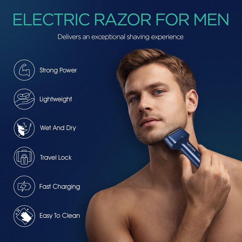 VOYOR Foil Shaver Electric Razor for Men 3 in 1 Shavers for Men with Double Foil Wet & Dry Face Shaver Lightweight Handheld Smooth Shave IPX6 Washable USB-C Rechargeable Travel Razor TX310 (Blue)