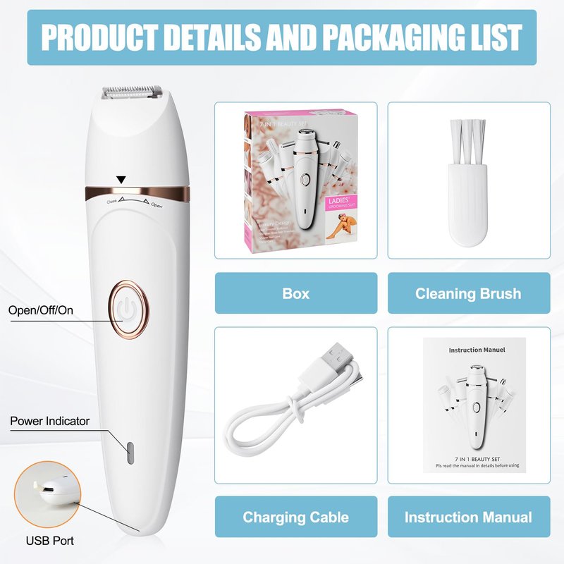 doyyi 7-in-1 Women's Electric Bikini Trimmer - Painless Hair Removal for Face, Legs, Underarms & Bikini Area, IPX7 Waterproof Cordless Groomer for Sensitive Skin, USB-C Fast Charge
